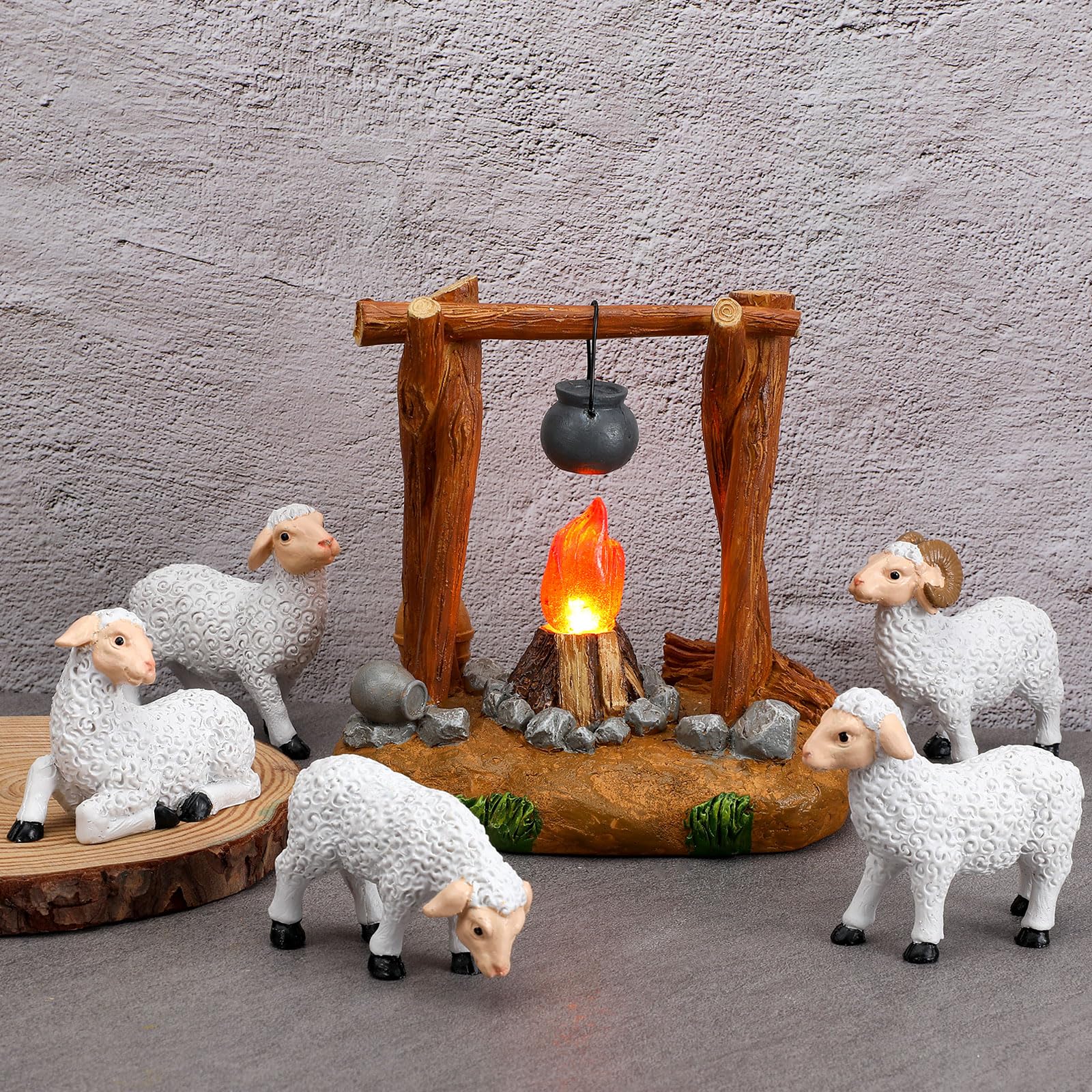 Barydat 6 Pcs Christmas LED Light up Nativity Collection Village Accessory Lighted Campfire Roman White Sheep Animals Figurines Hand Sculpted and Painted Nativity Sets and Figures for 5 Inch Scenes