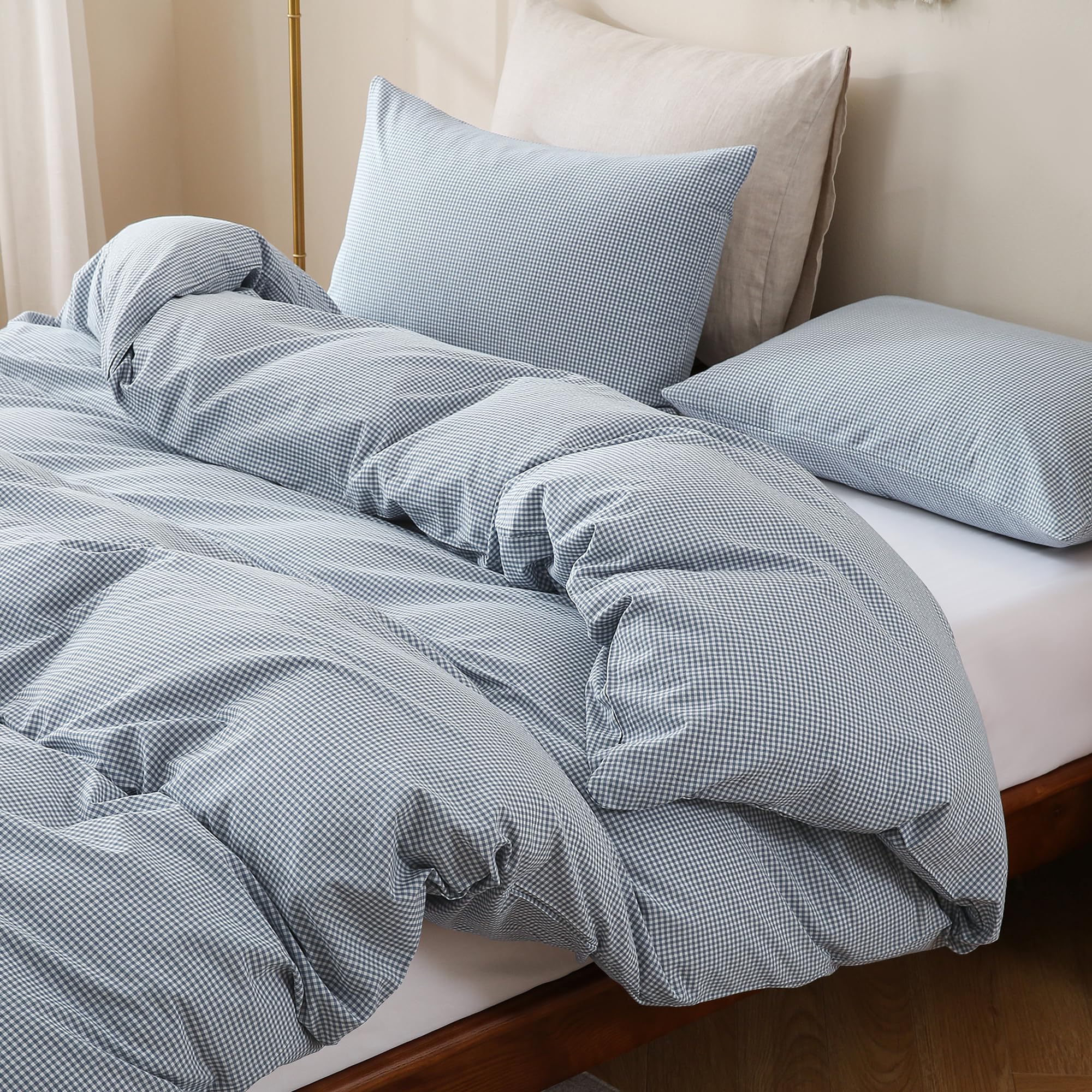 TOCOMOA Mini Gingham Blue Duvet Cover Set Washed Cotton Like Linen, Queen