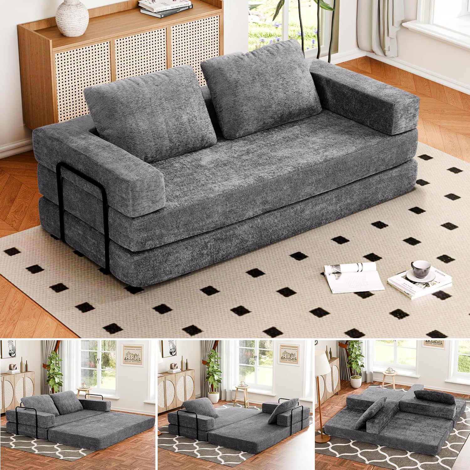 Convertible Sofa Bed, 4-in-1 DIY Combination Modular Couch with Pillows, Comfy Boneless Sleeper Sofa Bed with Fixed-Shape Frame, Chenille Convertible Lounge Couch for Living Room, Dark Gray Chenille(dark Gray)