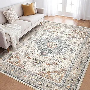6x9 Area Rugs Living Room: Washable Boho Large Neutral Vintage Soft Rug Stain Resistant Distressed Farmhouse Non-Slip Indoor Floor Carpet for Bedroom Nursery Kids Office Dining Room- Beige Blue