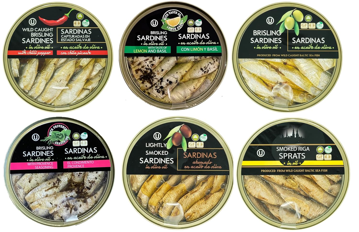Grilled Catch - 6 Flavor Canned Sardines Variety Fish Sampler Pack European Brisling Sardines in Olive Oil Wild Caught