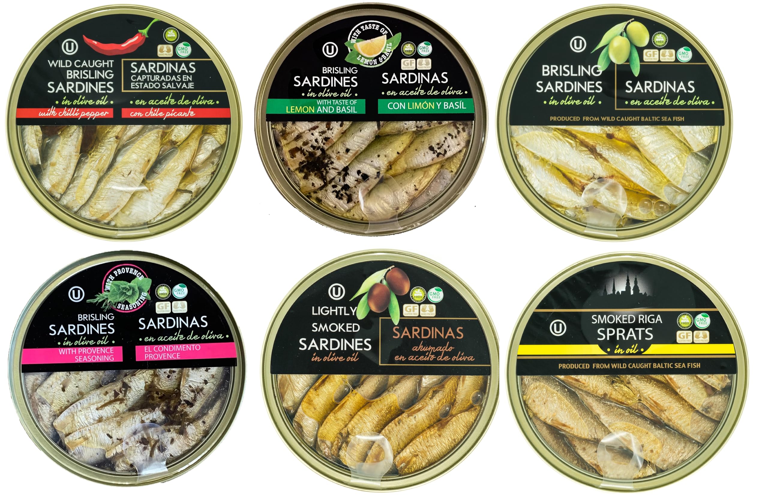 6 Flavor Canned Sardines Variety Fish Sampler Pack European Brisling Sardines in Olive Oil Wild Caught, 5.6 oz Gourmet Tinned Seafood, Kosher, Hand Packed in Latvia