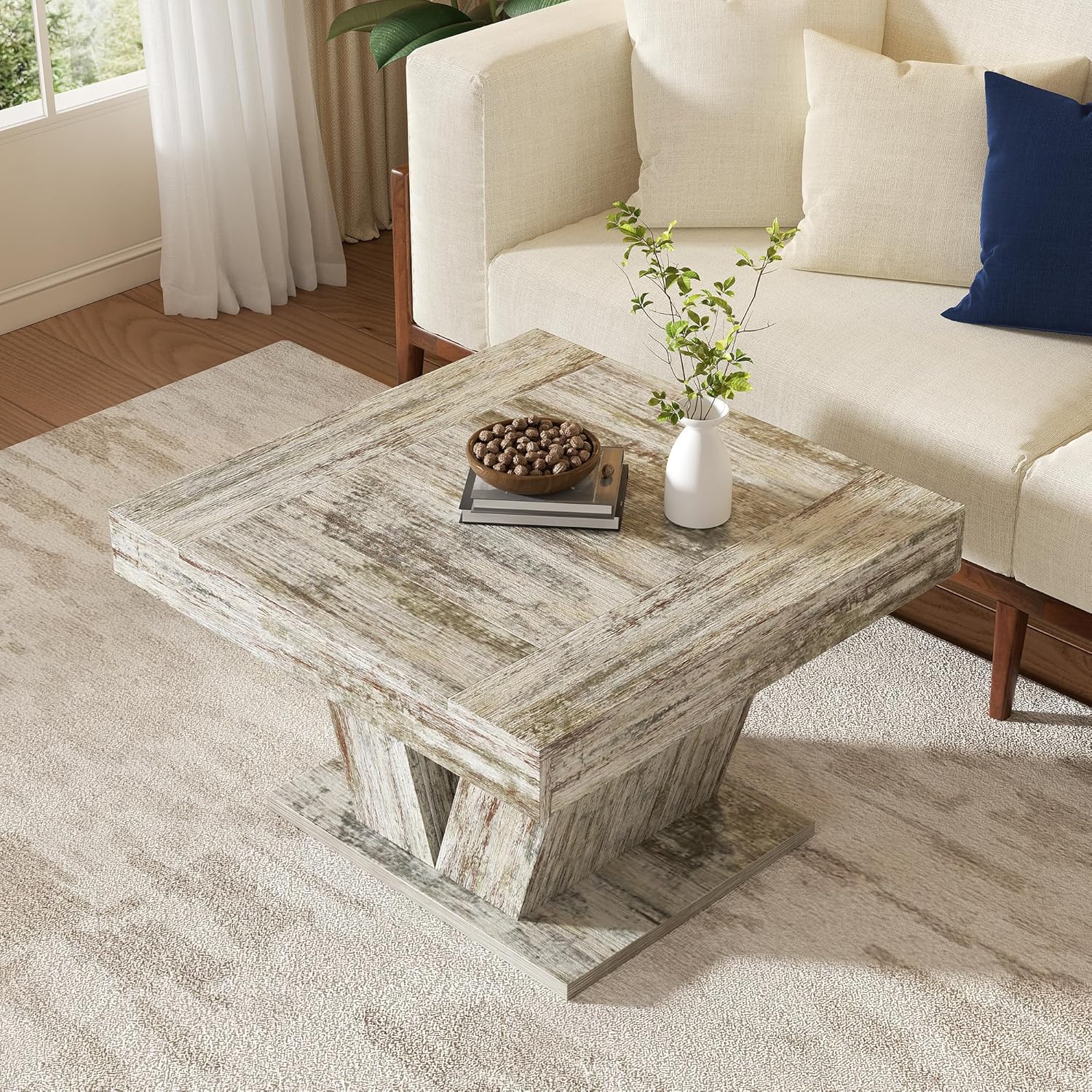 Square Coffee Table Mid Century 31.5” Table for Living Room Modern Rustic Farmhouse Accent Center Table Low Coffee Table White (White)