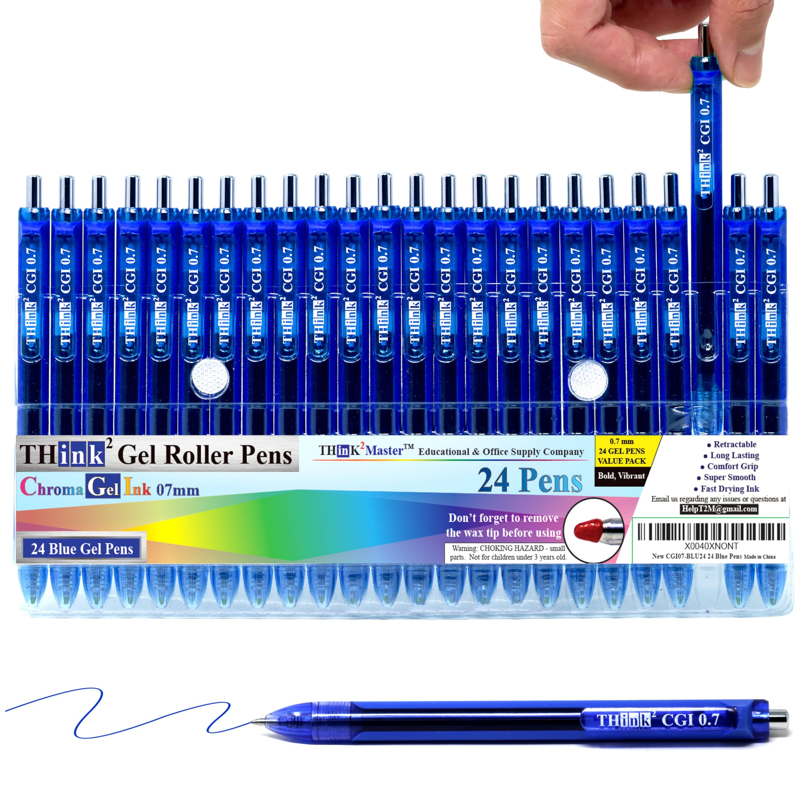 [24 Pens - Blue Ink] Think2 0.7mm CGI Retractable Gel Pens. (24 Blue) Medium Point Rollerball Pens with Smooth Quick Drying Ink.