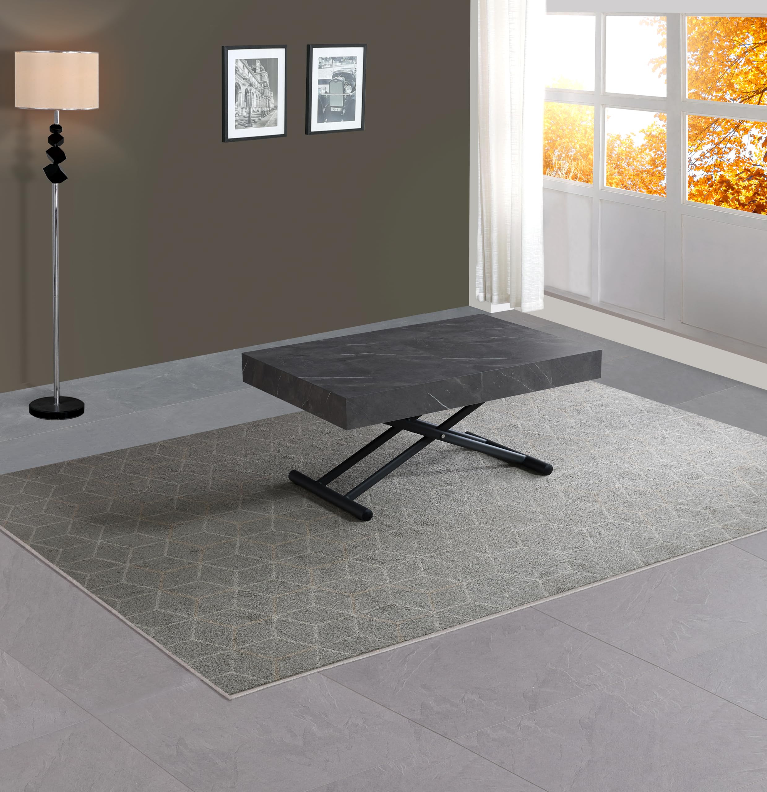 VOLERO' ; Table Lift-top Coffee to Dining Table,Transformable Space-Saving Table, Achille Large Model, Sliding Mechanism with Millimeter Height Adjustment (concrete gray)