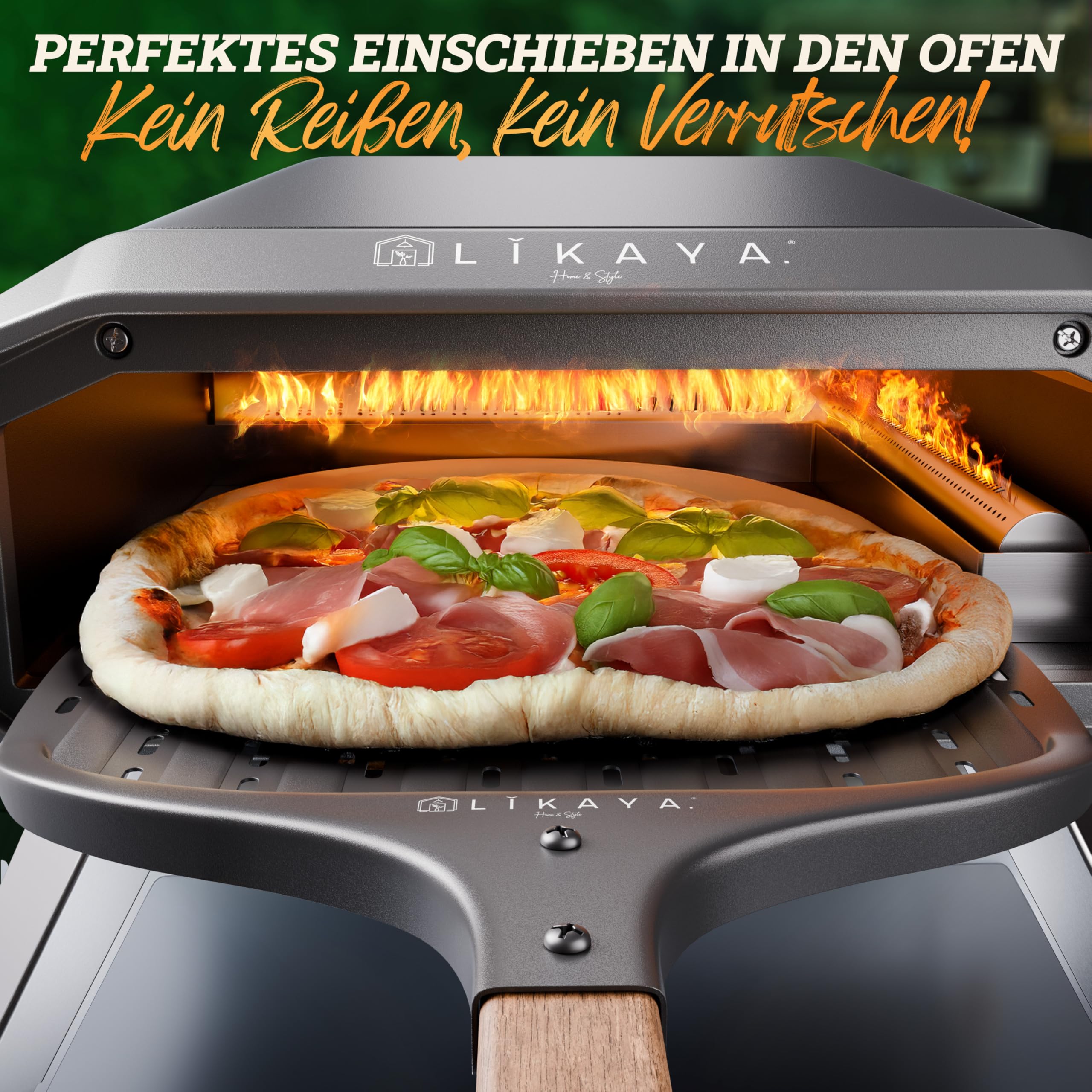LIKAYA Pizzaschieber [32 x 32 x 62cm] Pizzaschaufel aus schwarzem Aluminium & Griff aus FSC-Akazienholz – Kein Ankleben dank Antihaftbeschichtung – für Pizzaofen & Pizzastein