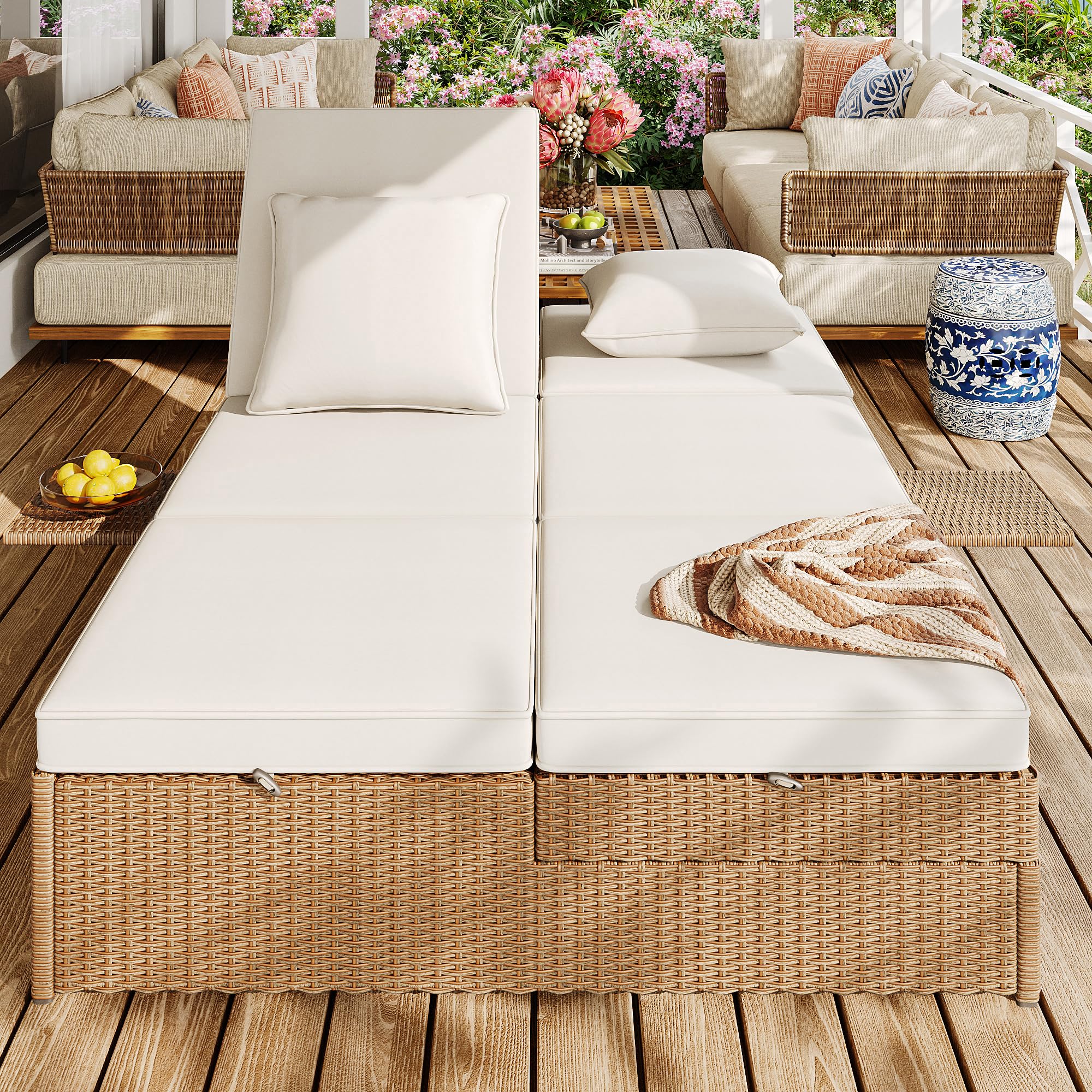 Lettino da Giardino Matrimoniale da Esterno, Resistente alle Intemperie, Pieghevole Divano in Rattan da esterno con Cuscini, Mobile da Giardino per Salotti, Balconi
