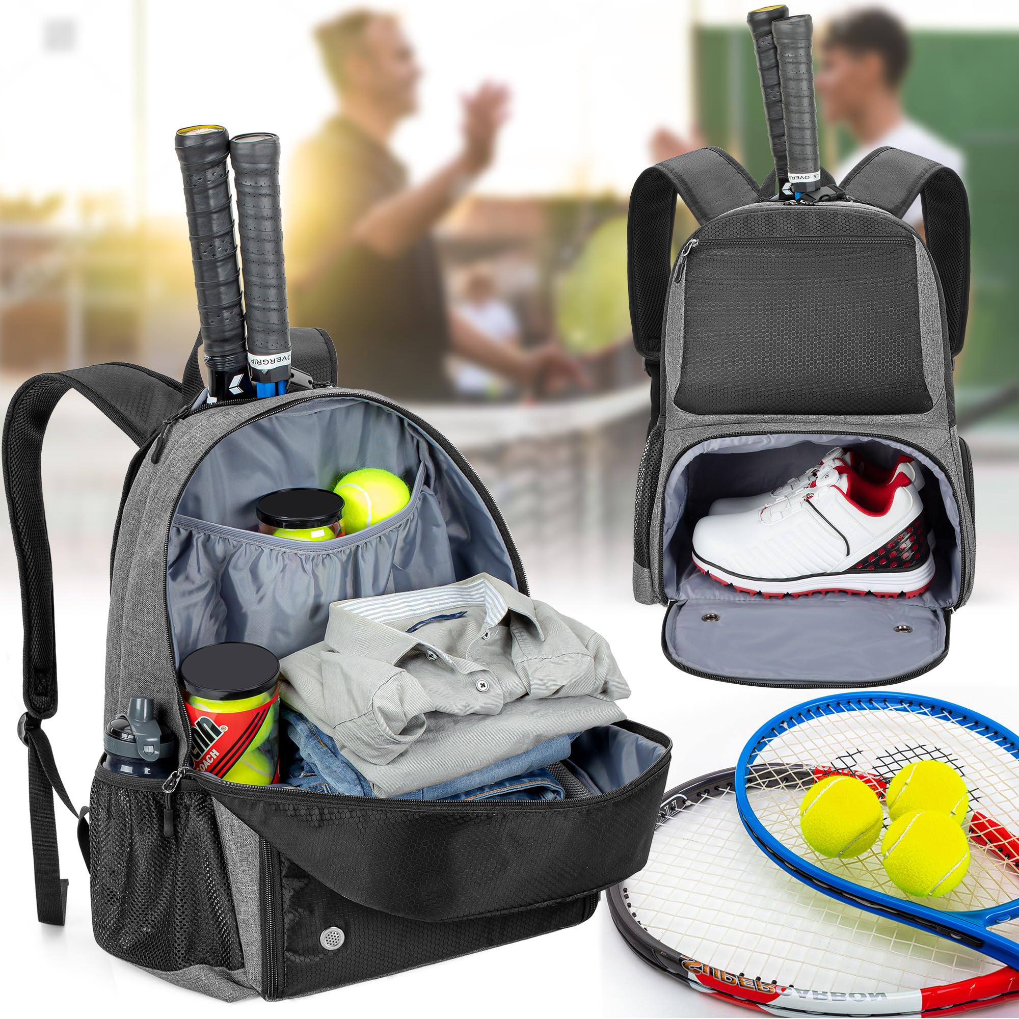 DSLEAF Sac de Tennis Peut Contenir 2 Raquettes, Sac à Dos avec Compartiment à Chaussures Ventilé Séparé pour Les Sports de Tennis/Pickleball/Badminton/Squash (Version Améliorée)