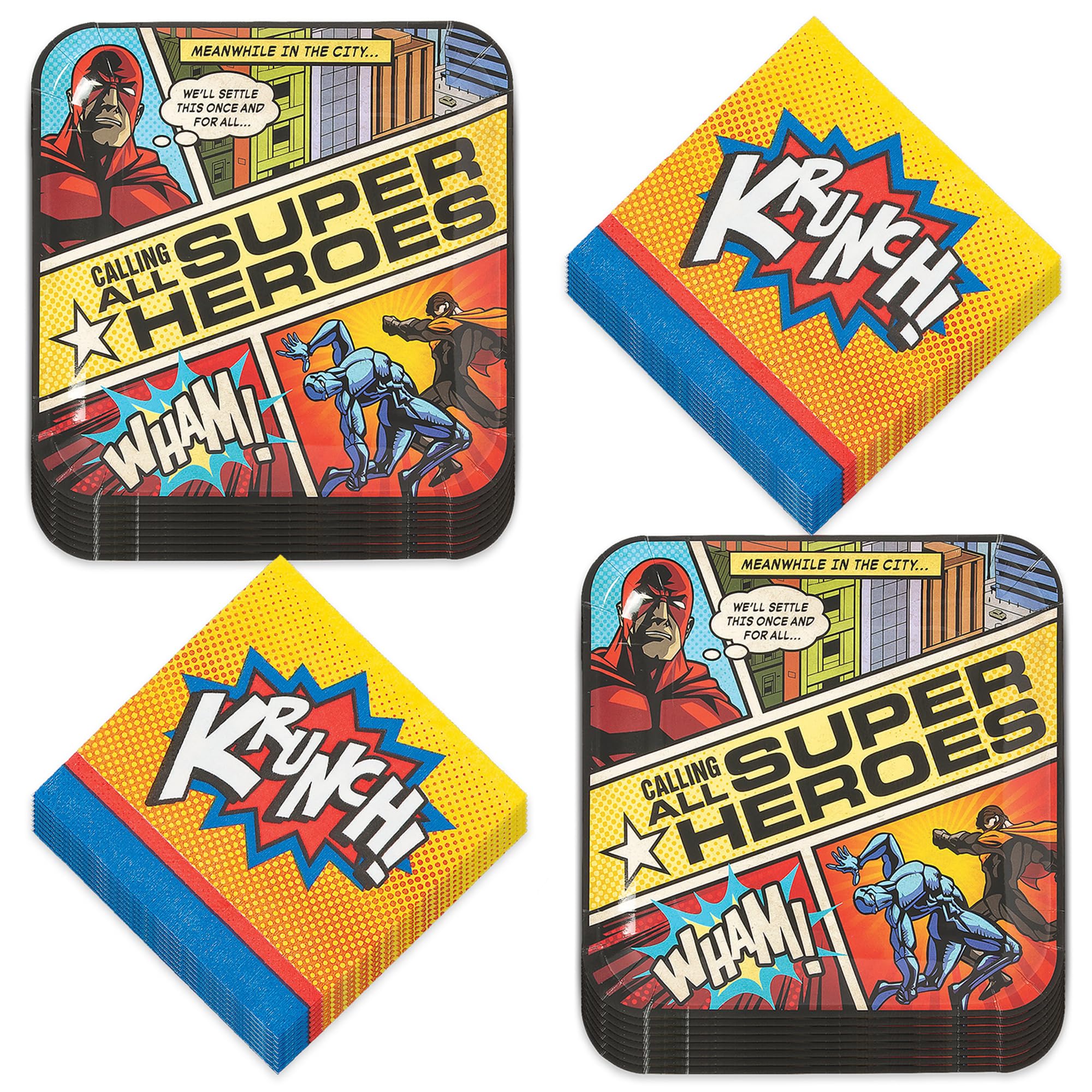 Comic Superhero Party Paper Platos de cena y periódicos titulares de almuerzo servilletas para fiesta de cumpleaños héroe (sirve 16)