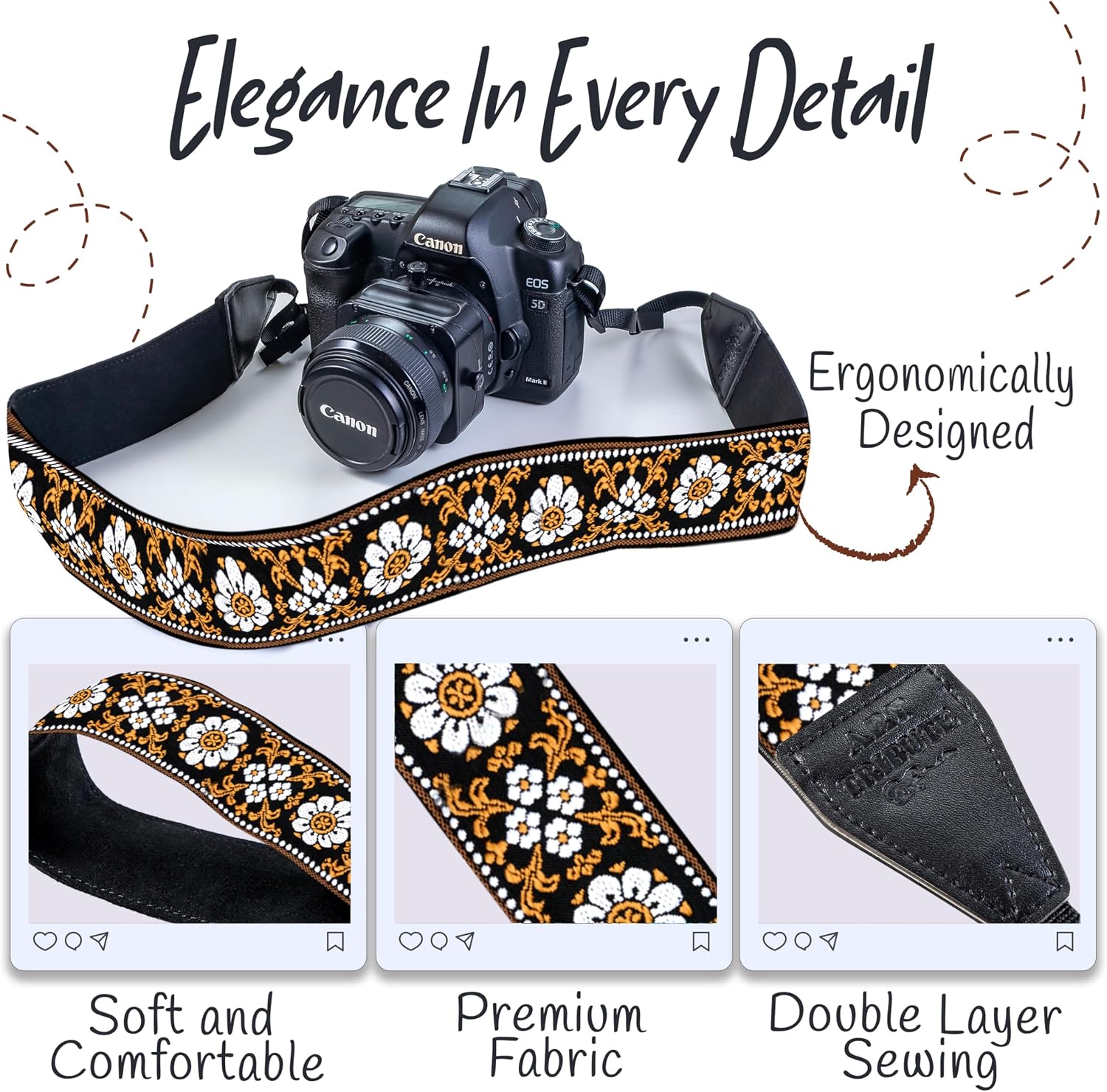 Art Tribute Camera Strap - Shoulder, Crossbody & Neck Camera Strap for Photographers, Fits All Cameras, Canon Nikon Sony Fujifilm, Padded Strap W/Quick Release, Embroidered Cotton & Leather Ends image 3