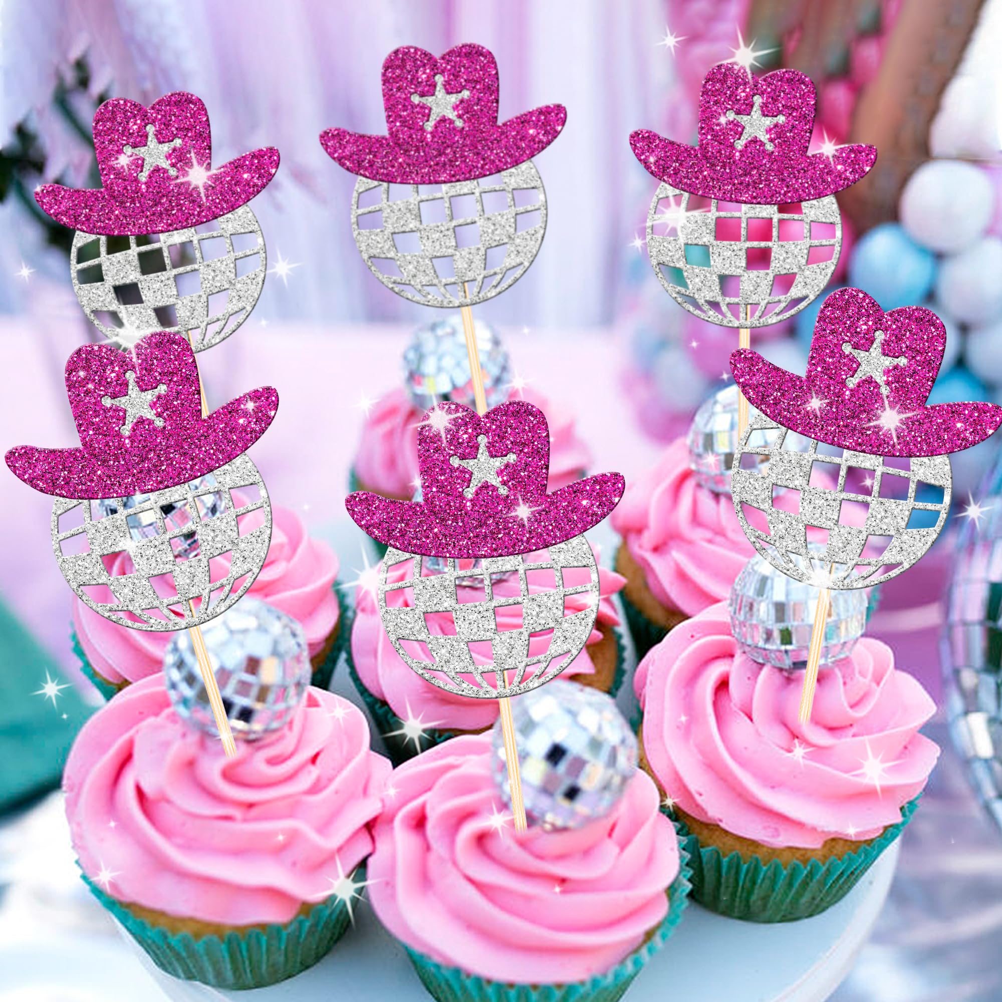 Snapklik.com : 24 PCS Disco Ball Cowgirl Hat Cupcake Toppers Glitter ...