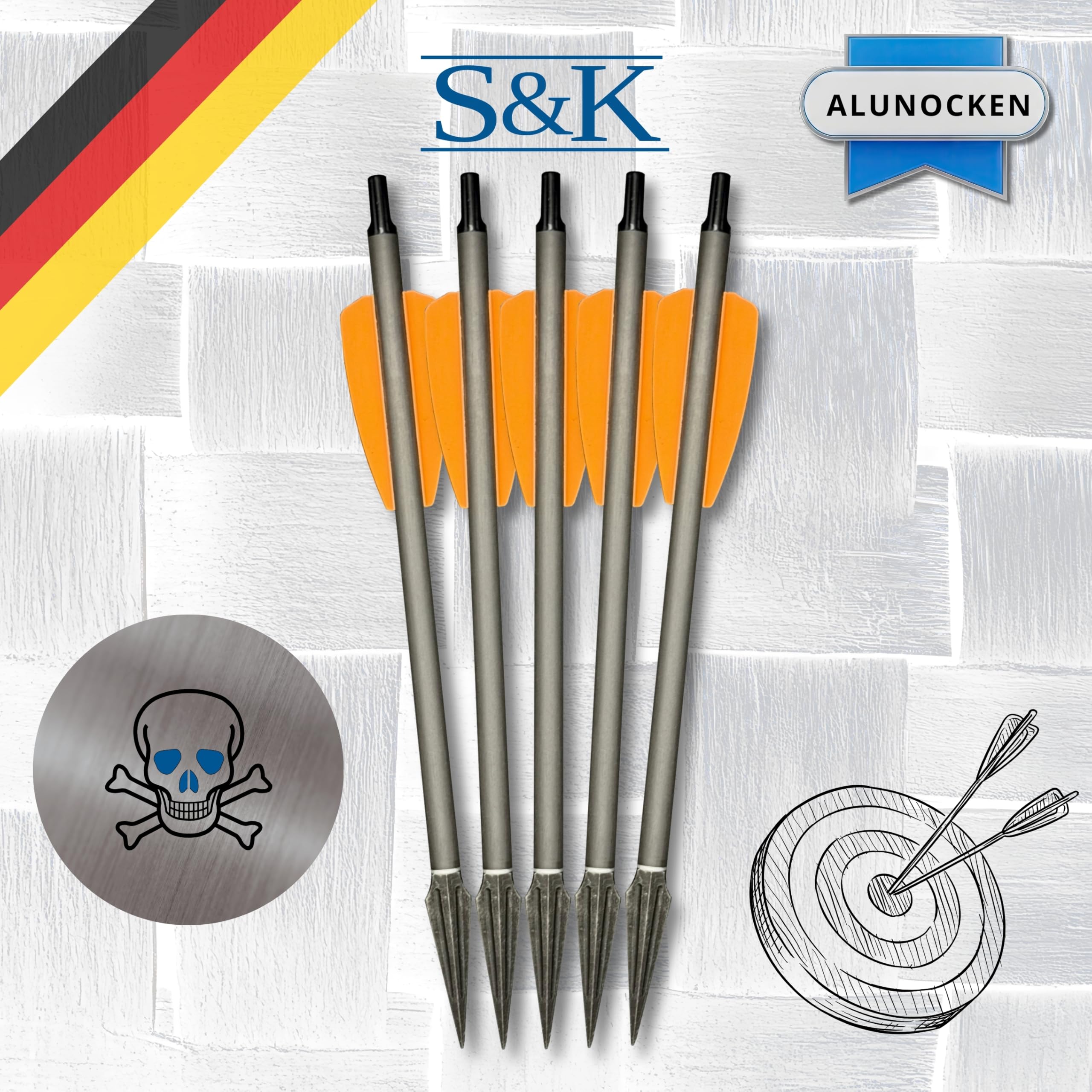 S&K - 5X Carbon Bodkinpfeile sehr stark, Alunocken, 7,5" für Cobra Adder, R9, RX, R10 – Made in Germany – Hochpräzise Armbrustbolzen mit Jagdbodkin & Aluminium-Nocke – 14,5g