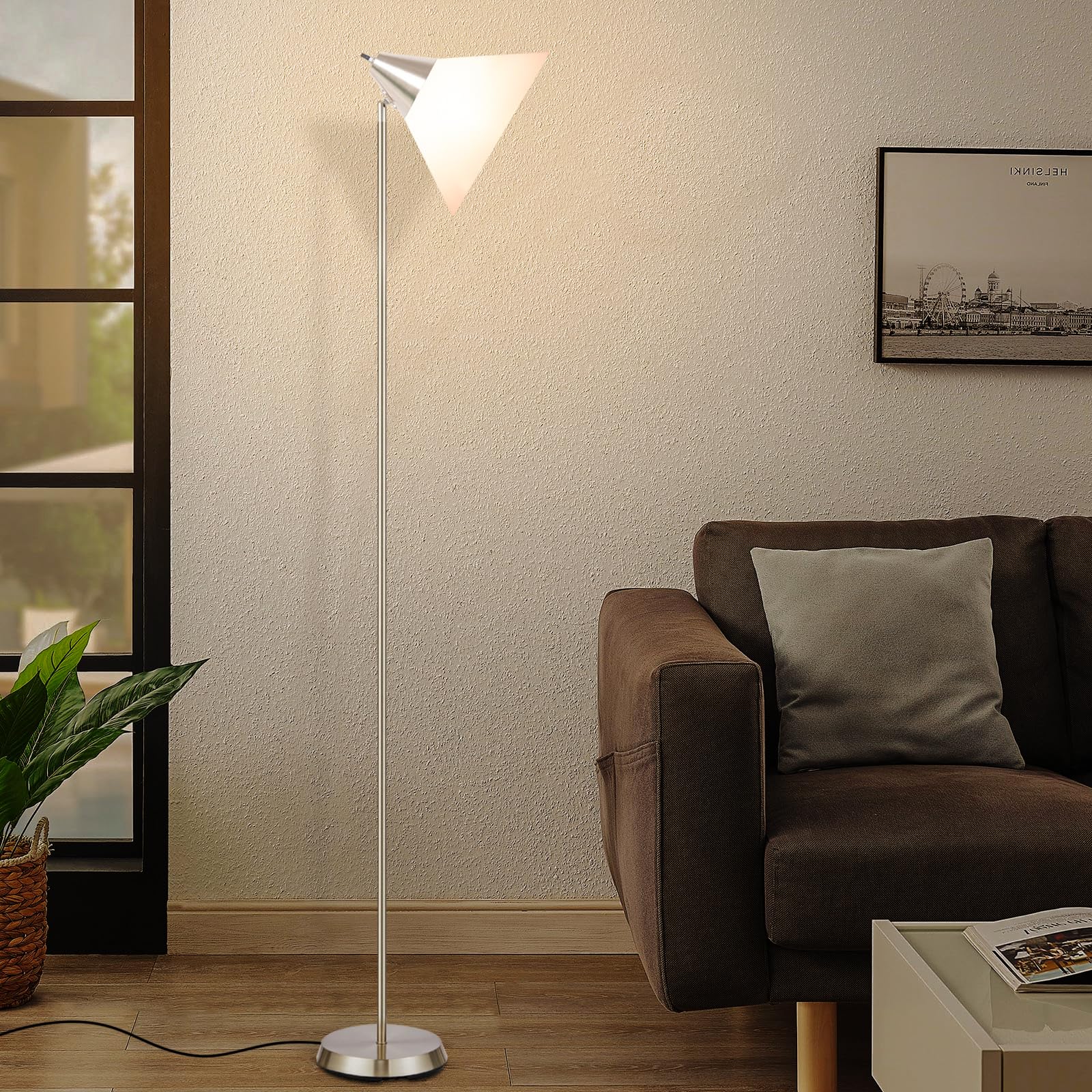 HonoDing Lampa podłogowa z glinianym kloszem i regulowaną głowicą do salonu/biura/sypialni (nikiel satynowany)