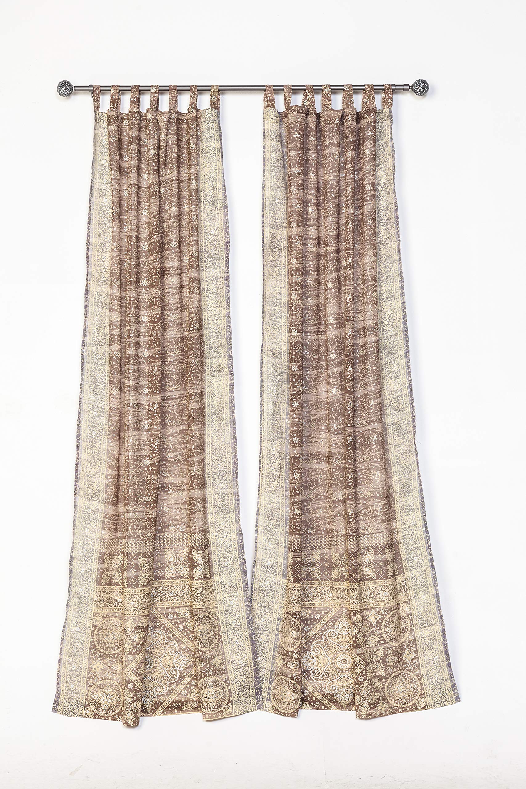 Light-Filtering Sari Colorful Curtains – Boho Curtains, Bed Canopy Panel, Wall Tapestry or Window Treatment For Bedroom or Living room + Tote bag (96"L x 42"W Set of 2, Taupe Silver)