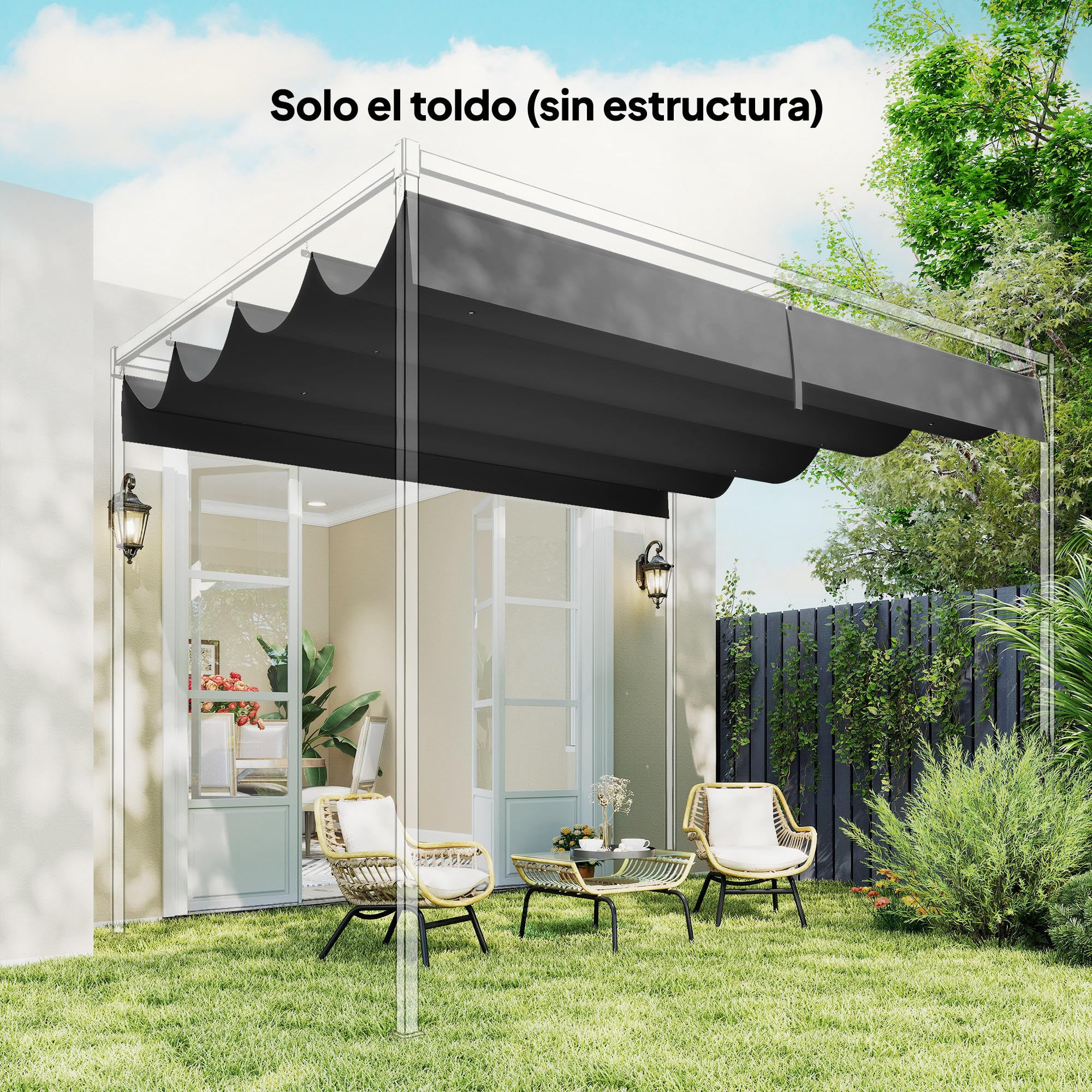 Outsunny Techo de Pérgola 4 x 3,5 m Repuesto Retráctil UV30+ Gris Oscuro | Techo de Repuesto para Marco de Pérgola, UV30+, Toldo de Tela, Solo para Cenador Jardín, con 8 Orificios de Drenaje