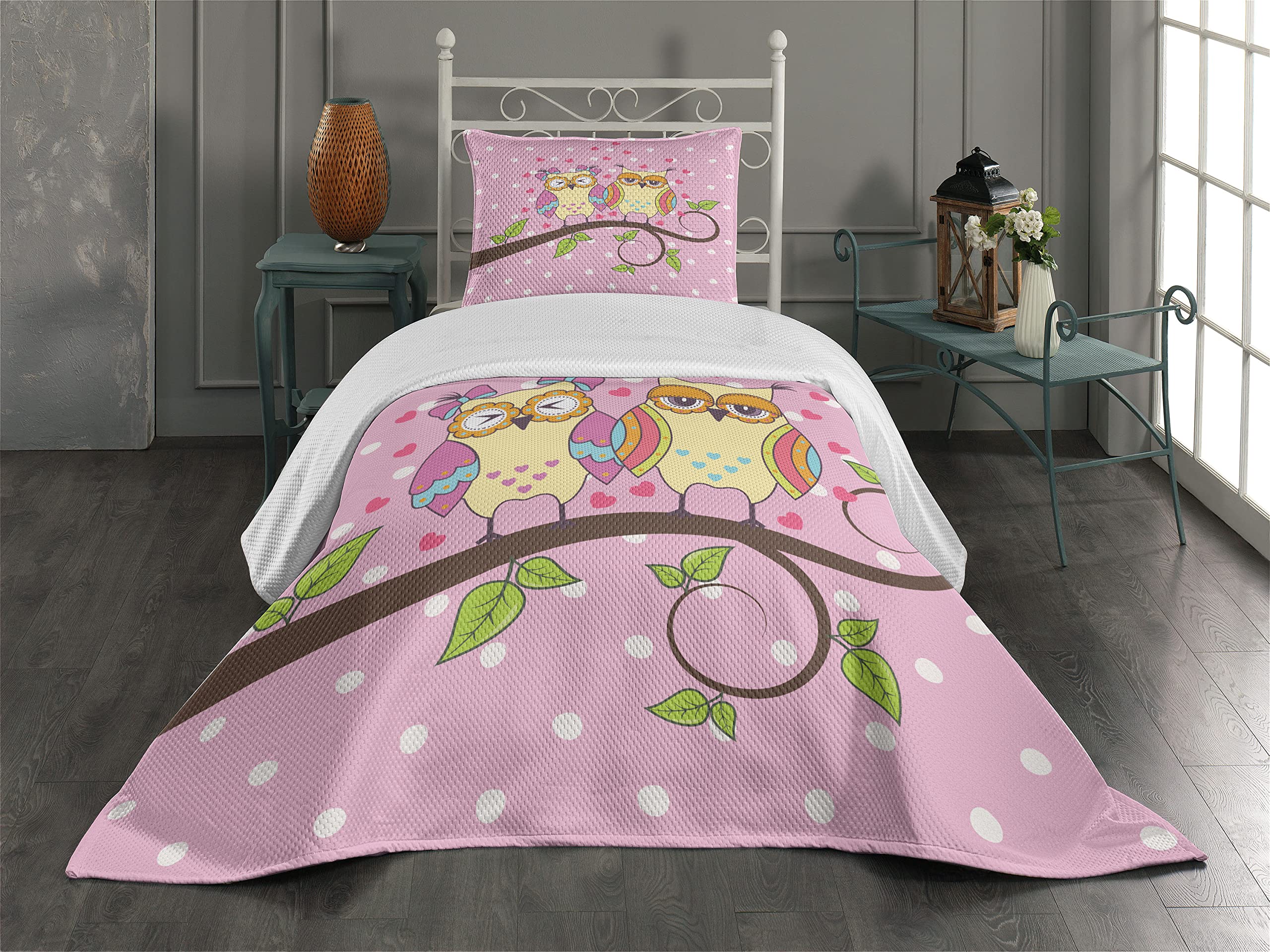 Ambesonne Owls Coverlet, Owls in Love on Branch Polkadots Leaves Hearts Romance Theme, 2 Piece Decorative Quilted Bedspread Set with 1 Pillow Sham, Twin Size, Pale Yellow Apple Green