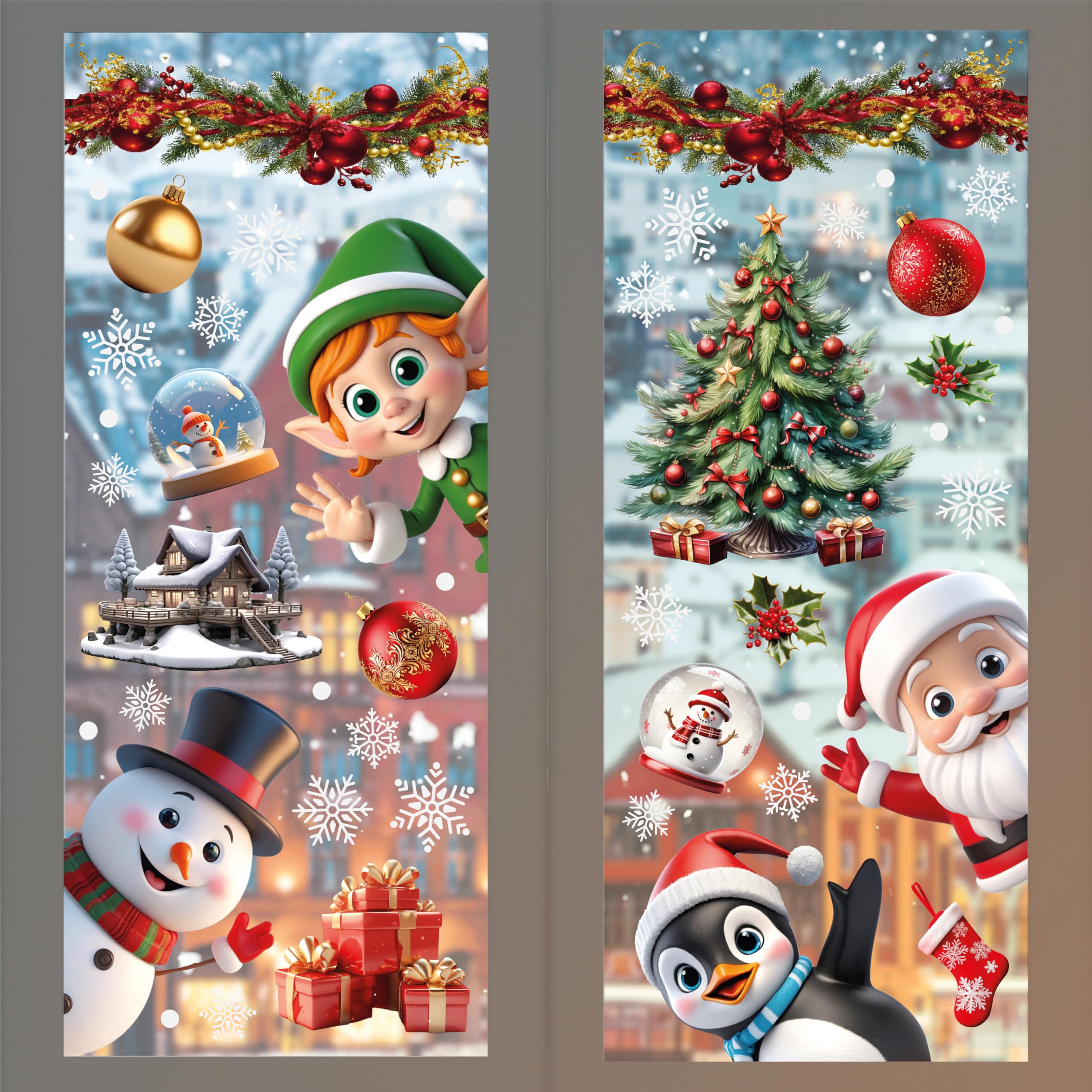 Walplus Peeking Santa & Friends With Snowflakes 149 Pcs Xmas Window Clings Double Sided Christmas Window Clings Reusable Christmas Window Stickers Removable Peeking Santa & Friends With Snowflake Window Stickers