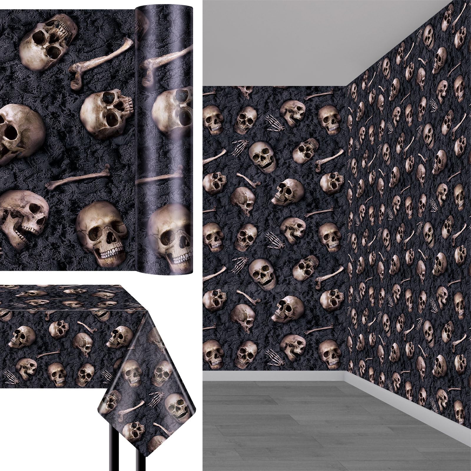 Halloween Skeleton Tablecloth Skull Wallpaper Skeleton Theme Party Decorations Plastic Waterproof Catacombs Skull Backdrop for Halloween Party Decoration and Supplies 100 Ft x 54 Inches