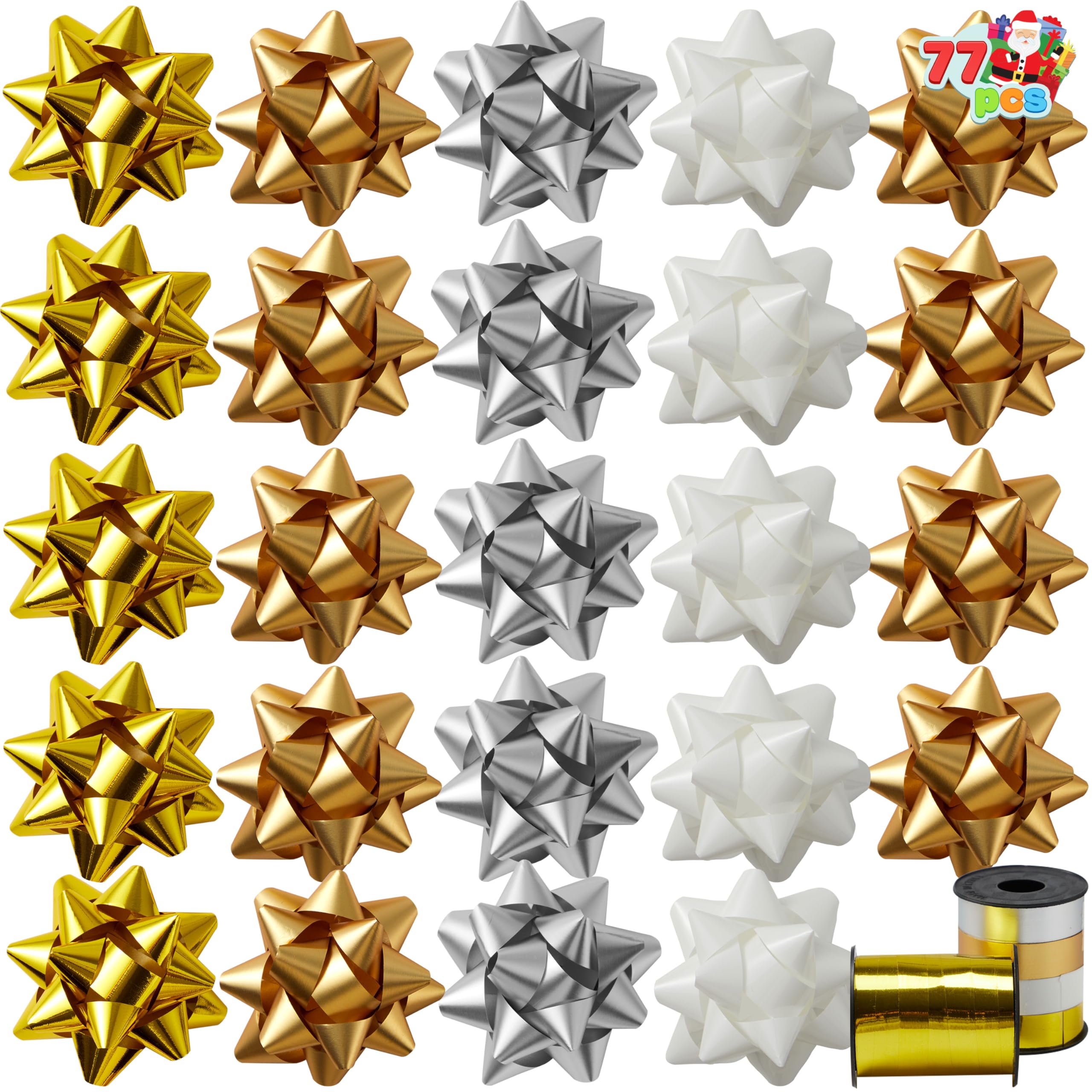 JOYIN 75 PCS 3 Inch Christmas Self Adhesive Gift Bows (Gold, Silver, White) and 2 Rolls of Christmas Curling Ribbons for Baskets, Wine Bottles Decoration, Gift Wrapping and Decoration Present