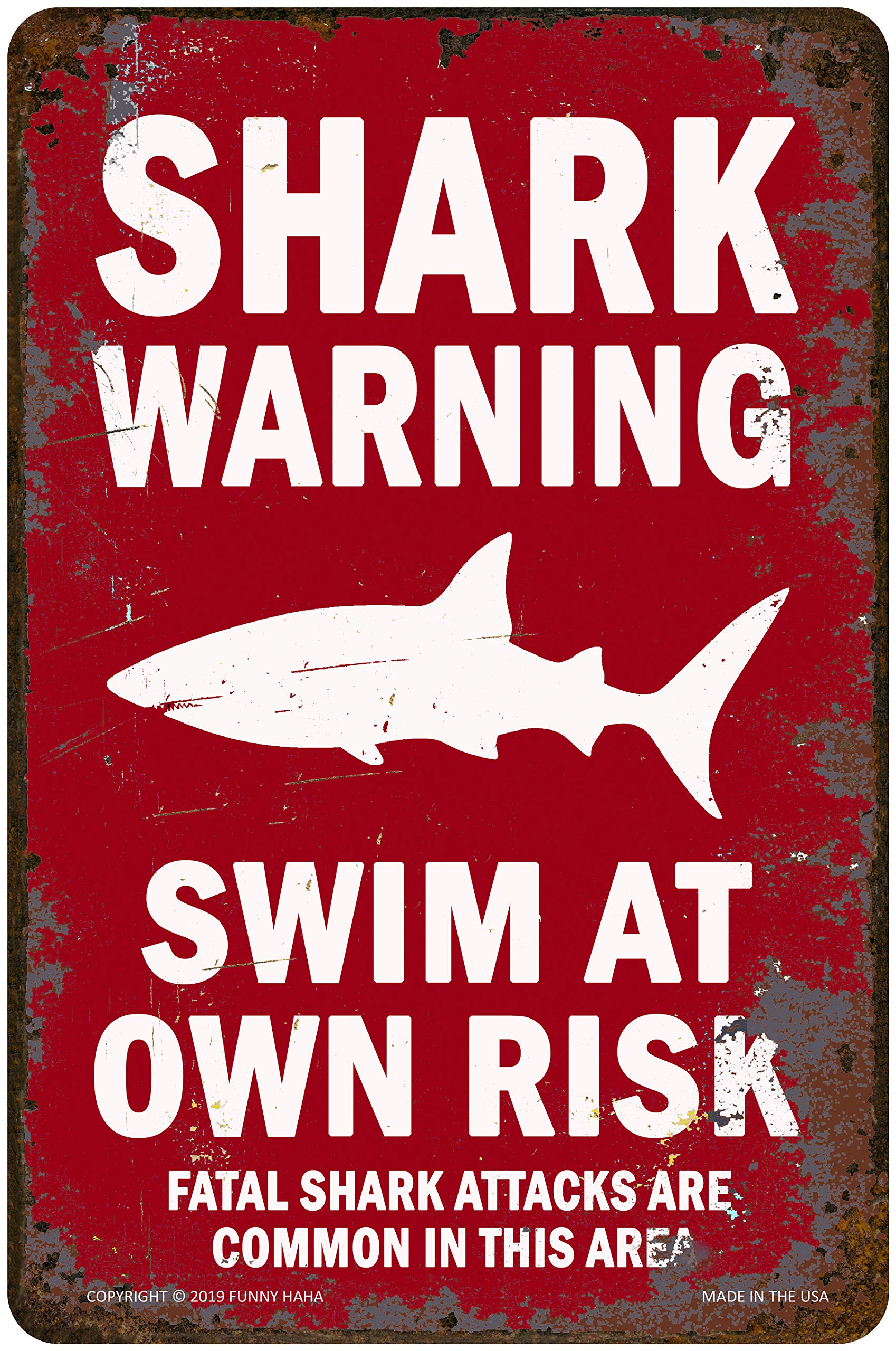 Shark Warning Sign Deep Red Aluminum 7.75 x 11.75 inches