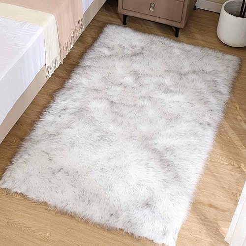 Alfombra peluda de 3 x 5 pies, con puntas blancas y grises, alfombra de pelo sintético para decoración de oficina, dormitorio, habitación, alfombra