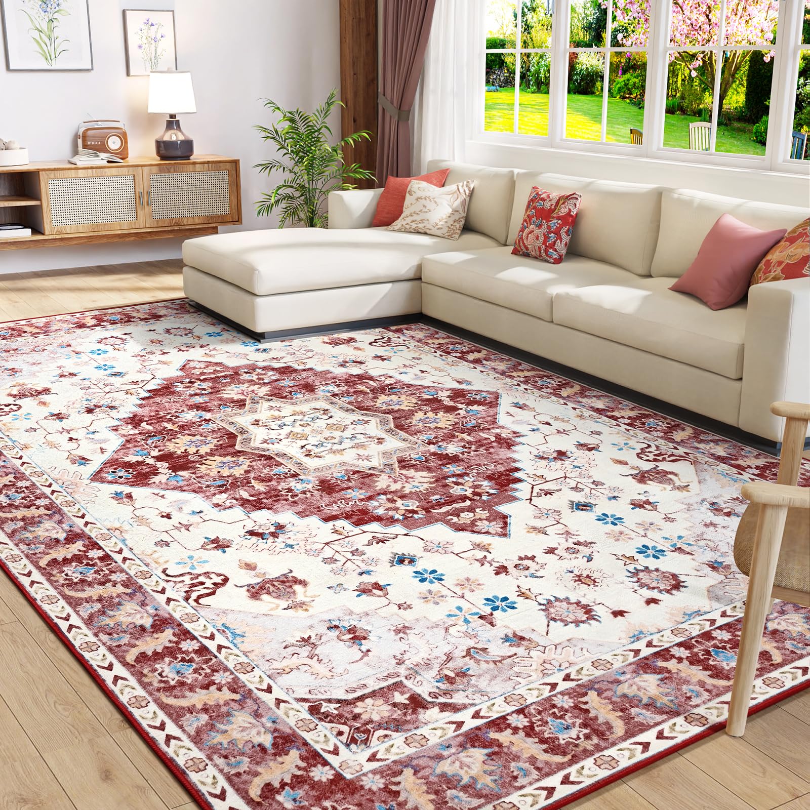 Amearea Vintage Design Area Rugs for Living Room, 4x6 Machine Washable Floral Collection Traditional Bedroom Rug, Low Pile Cute Kids Room Print Carpet