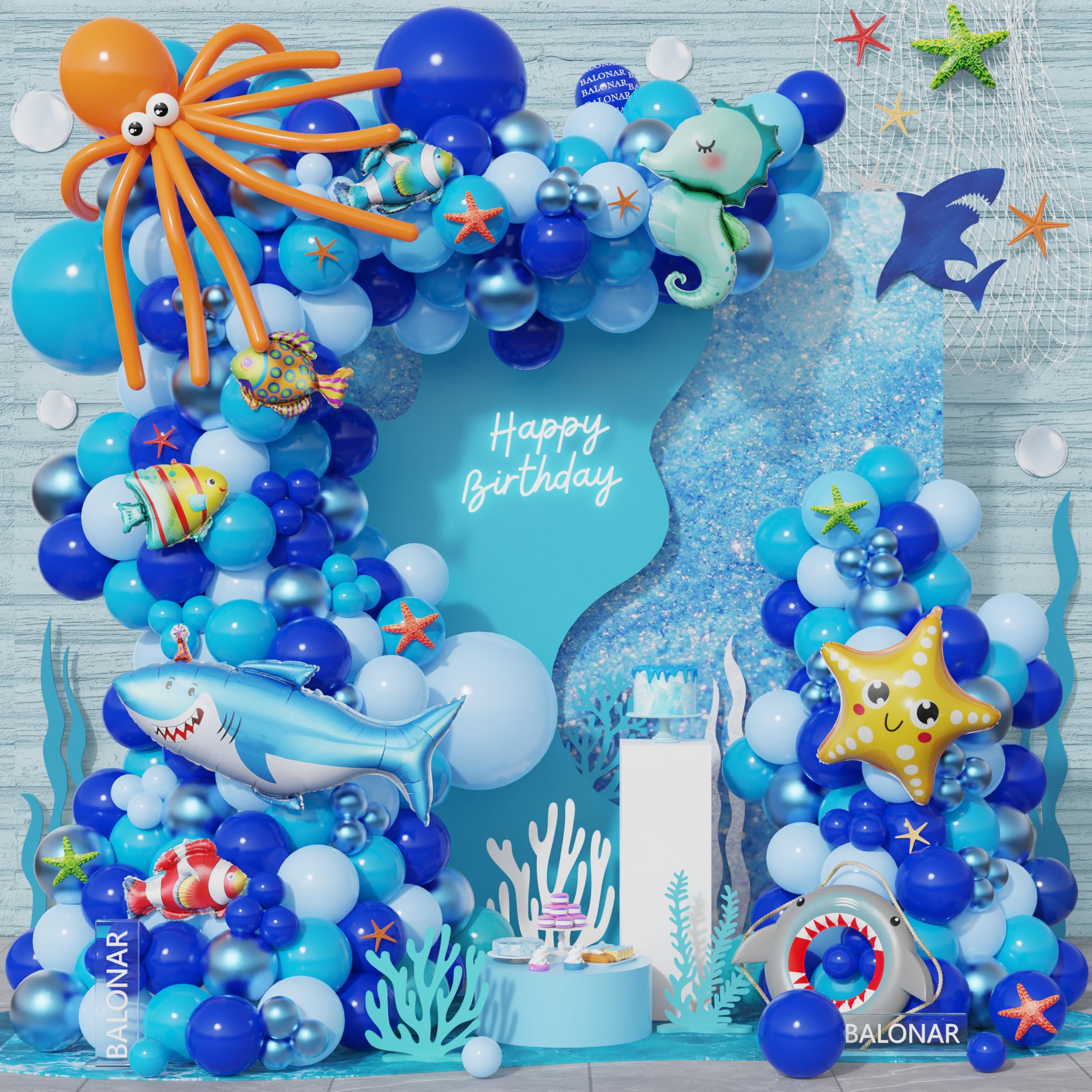 Ocean Birthday Party Decorations 141pcs Under the Sea Balloon Arch Garland Kit Marine Animals Fish Balloons for Baby Shower Summer Birthday Party