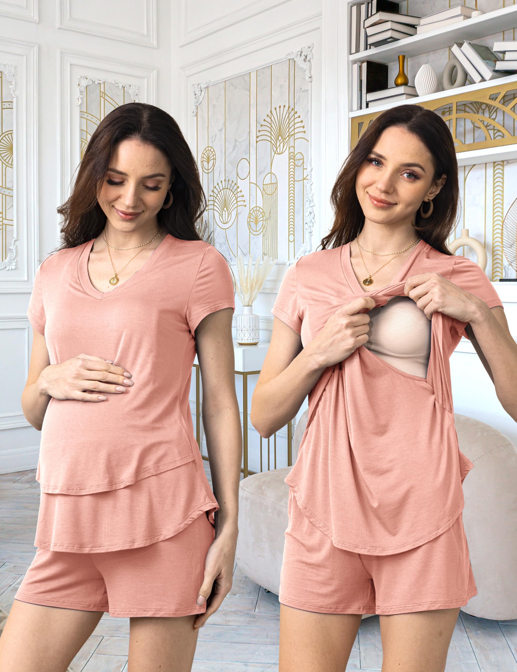 SUNNYBUY 3-teiliges Still-Pyjama-Set, versteckte Still-Tops, verstellbare Schwangerschafts-Shorts und Hosen, postpartale PJS