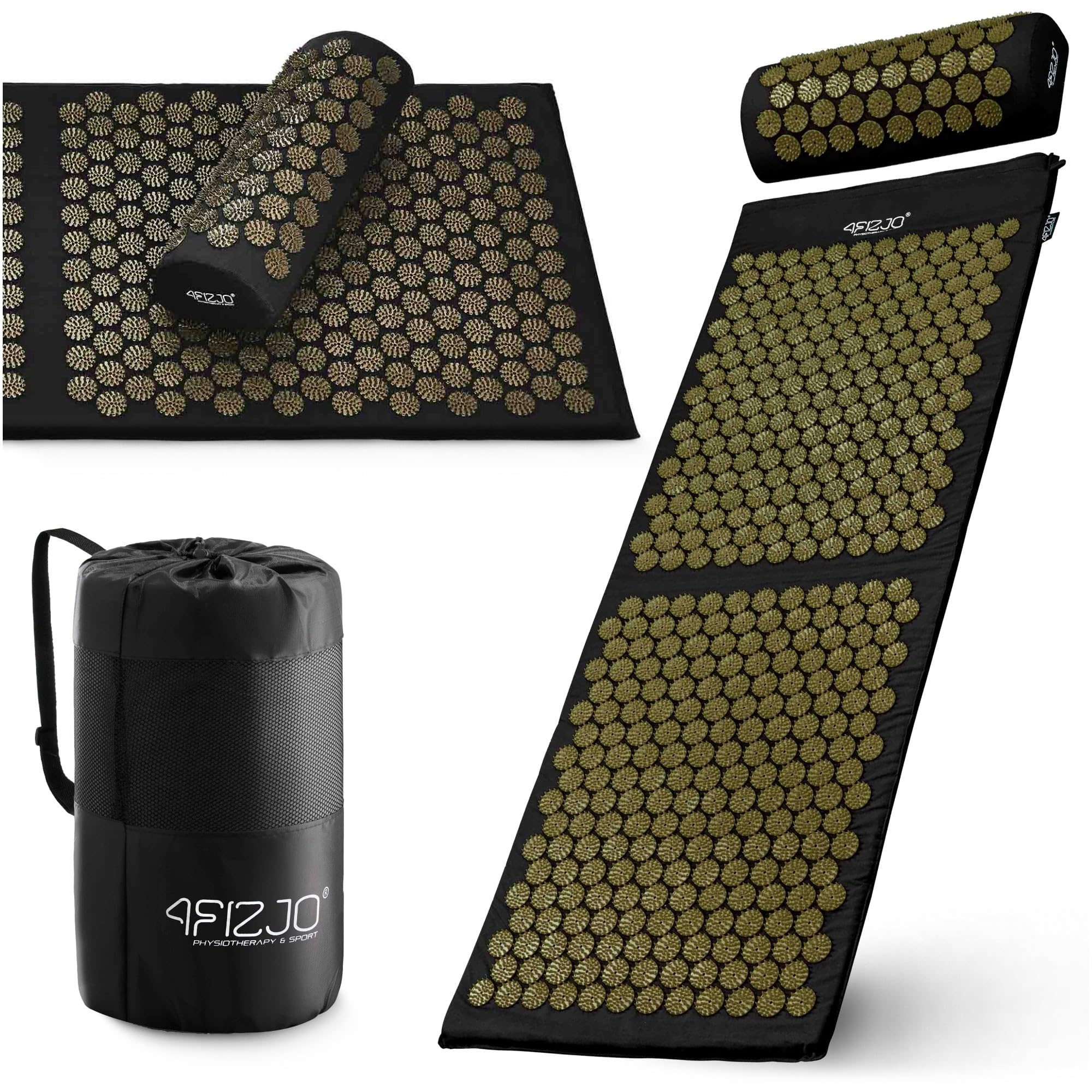 4FIZJO Akupressurmatte & Kissen XL, 110x42x2 cm, mit Tragetasche, Polyurethanschaum, Hypoallergen, 15330 Stacheln, Massagematte für bessere Durchblutung, Muskeln Entspannung, Farbe: Schwarz und Gelb
