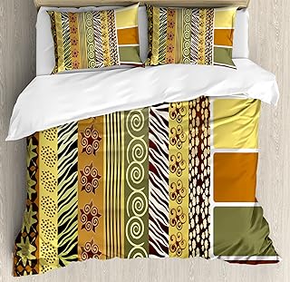 Ambesonne Zambia Duvet Cover Set, Vintage Mixed Pattern Earthen Toned Floral Abstract Image, Decorative 3 Piece Bedding Set with 2 Pillow Shams, Queen Size, Soft Yellow