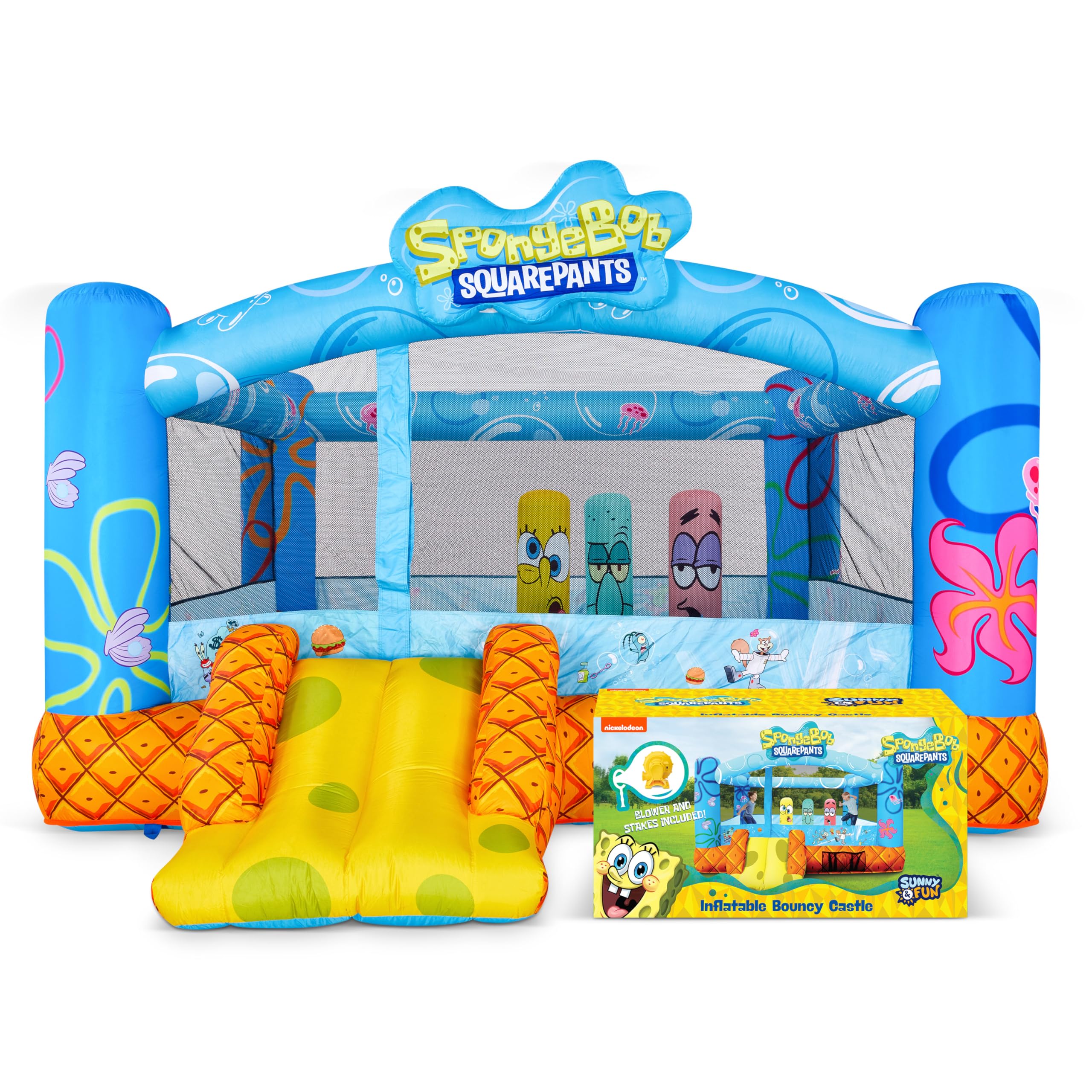 SUNNY & FUN Spongebob Inflatable Bounce House - Giant 12x10.5 Feet Blow-Up Jump Bouncy Castle for Kids with Air Blower, Stakes & Repair Kit - Easy Set