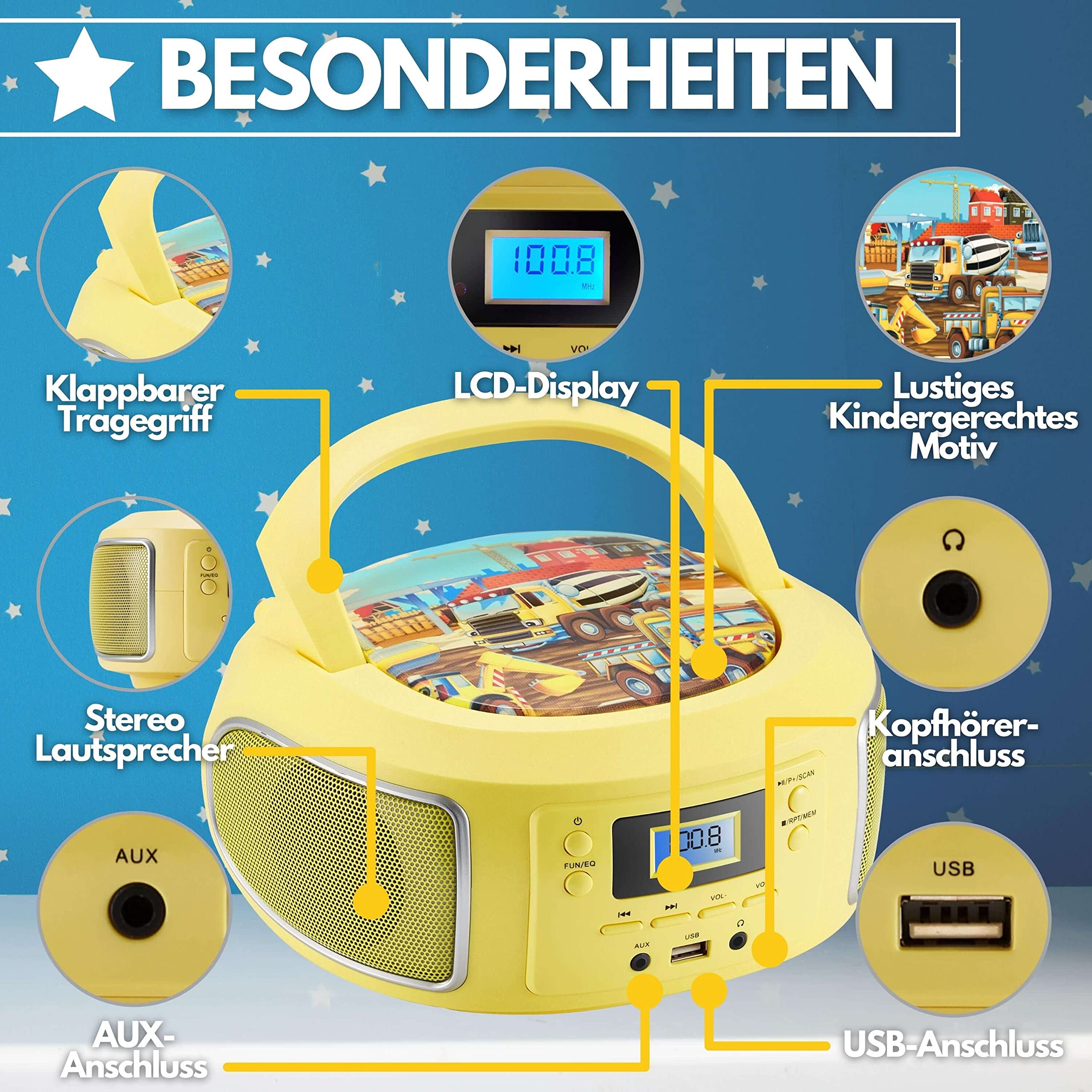 Tragbare Boombox | FM Radio | AUX-In | CD/CD-R | USB | Kopfhöreranschluss | Kompaktanlage | CD-Player | CD-Radio | Stereoanlage | Kinder Radio | Boombox (Glamour Gelb)