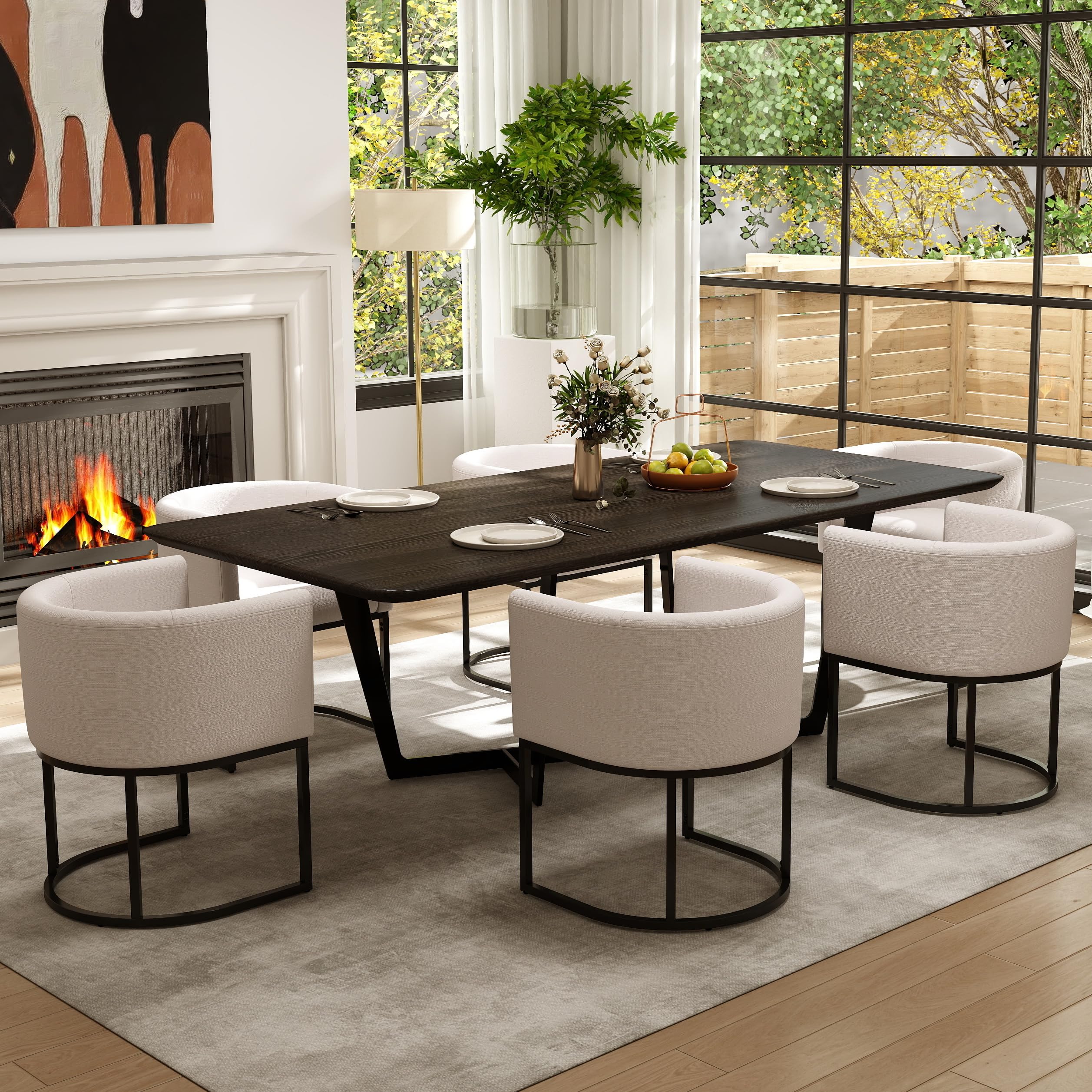 RIVOVA Upholstered Dining Chairs Set of 6, Modern Barrel Side Armchair Upholstered Dining Room Chairs Comfy Armchair Kitchen Side Chair for Living Room, Linen Beige