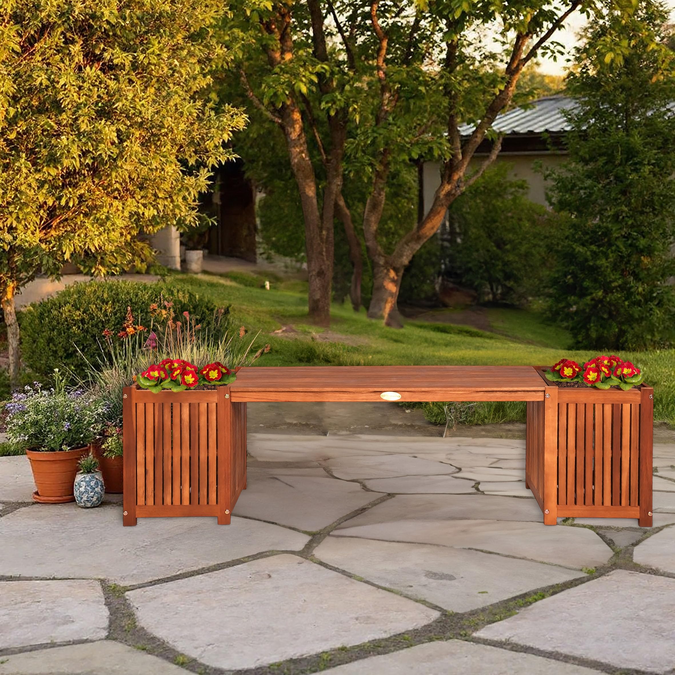 Spetebo Banco de madera de acacia con jardinera integrada – 150 x 40 cm – Banco de jardín con maceta de madera FSC – Banco para flores, banco de parques, banco de madera con macetero, muebles de