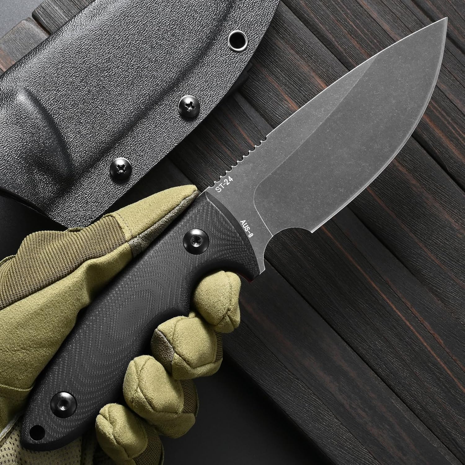 Sitivien ST24 Fixed Blade Knife, AUS-8 Brushed Steel Blade Double Color G10 Handle Full Tang EDC Fixed Knifes for Outdoor Working Camping Hunting Fishing(Black Handle+Black)