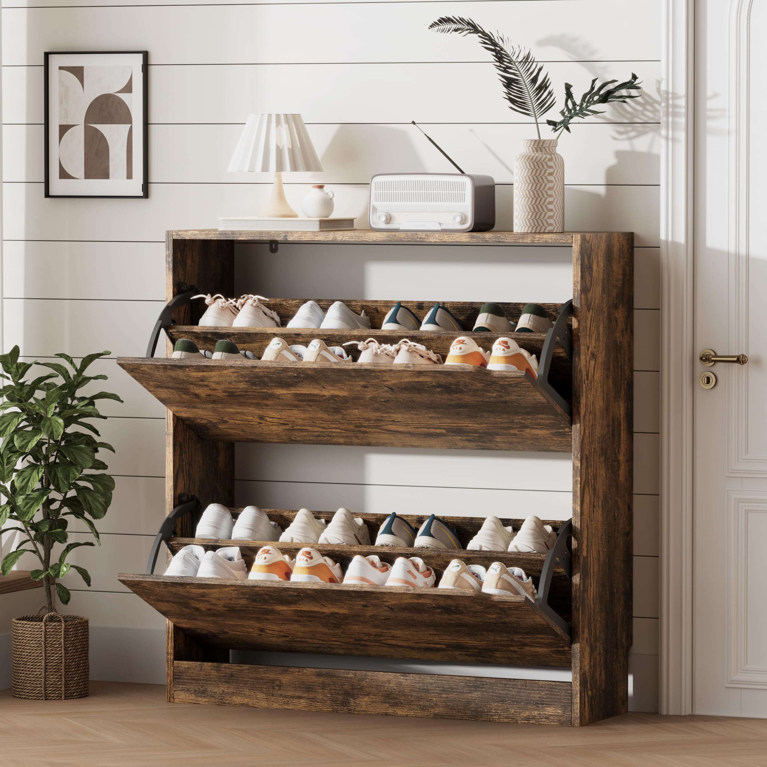 Xixini Shoe Storage Cabinet for Entryway with 2 Flip Drawers, Sturdy Wood Hidden Shoe Storage, Freestanding Narrow Slim Shoe Organizer for Front Door Entrance, Living Room, Hallway, Bedroom, Brown