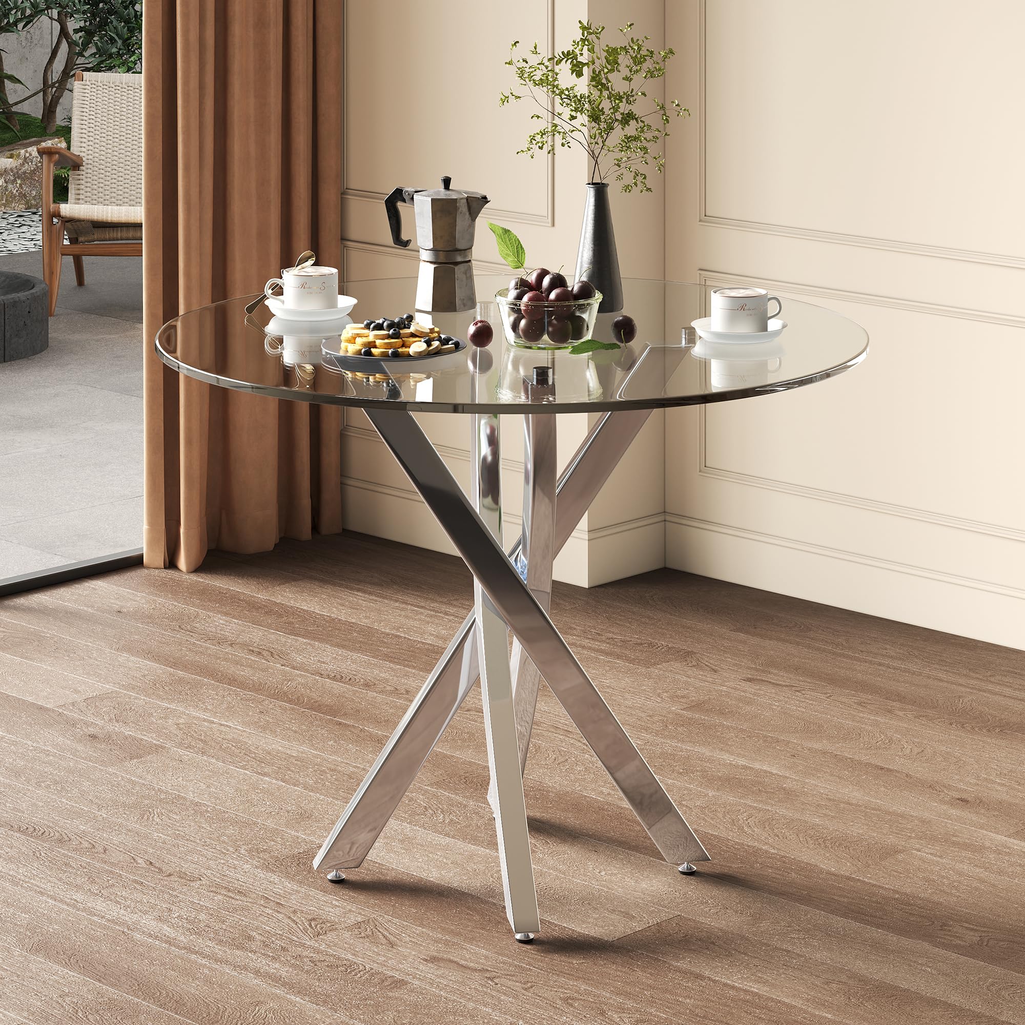 Merax Table à manger ronde, 80 x 80 x 75 cm, en verre moderne, avec plateau en verre trempé, pieds en métal galvanisé en argent, table de cuisine stable pour 2 à 4 personnes, table à café et de
