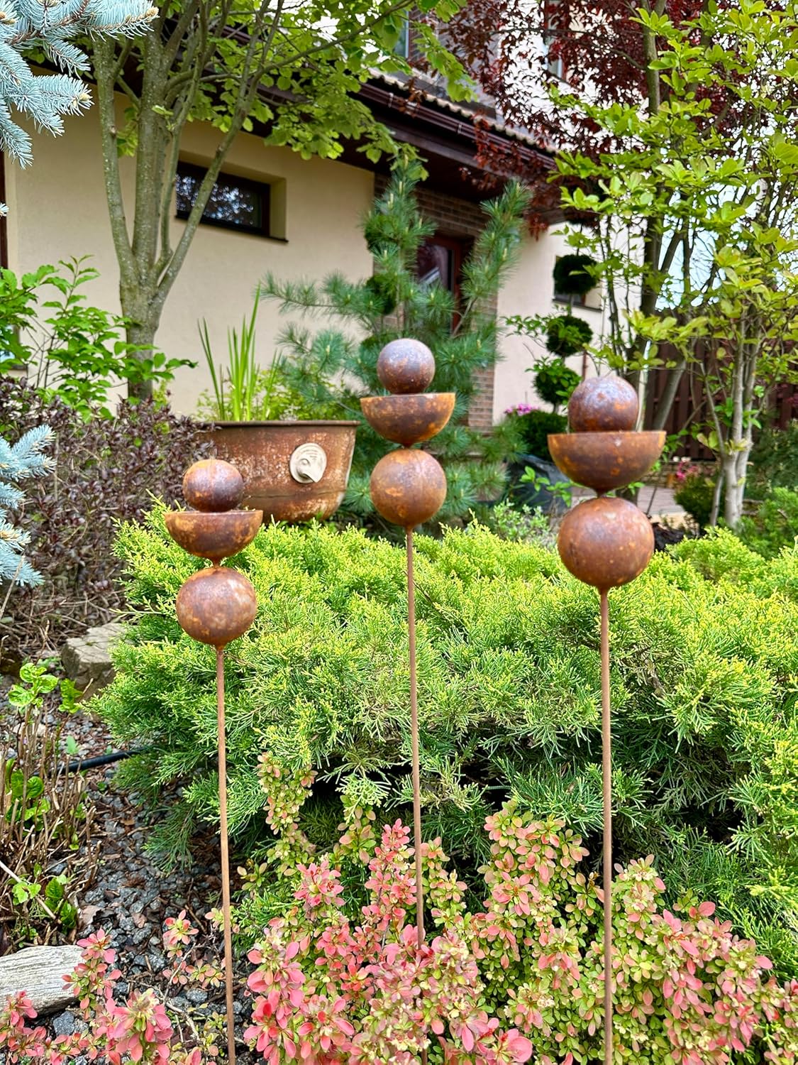 Rusty Flower Buds Set of 3, Garden Stakes, Metal Yard Art, Outdoor Garden Decor, Rustic Metal Sculpture Rusty Rain Catchers Unique Gift