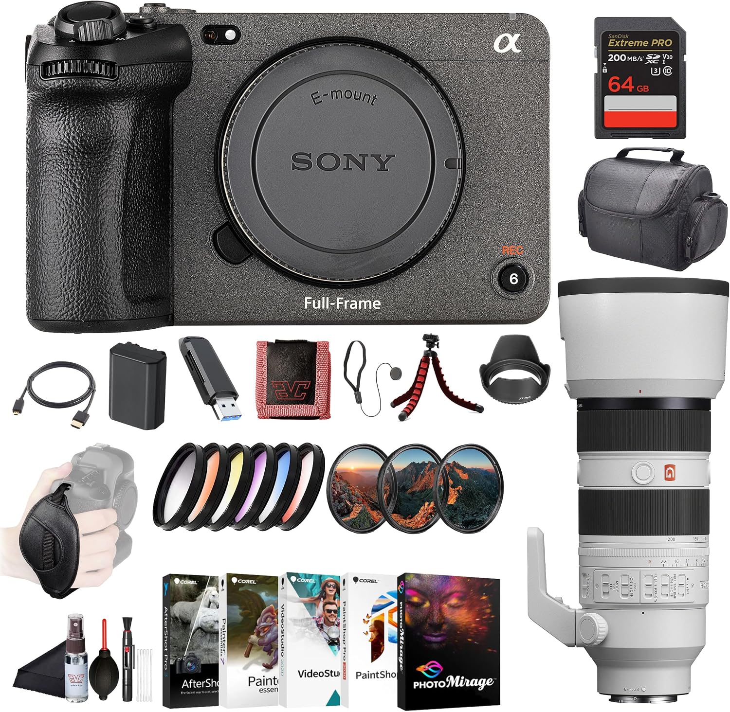 Sony FX3 Full-Frame Cinema Camera ILME-FX3, Sony FE 70-200mm Lens, 64GB Memory Card, Filter Kit, Color Filter Kit, Lens Hood, Bag, NP-FZ100 Compatible Battery, Card Reader, and More