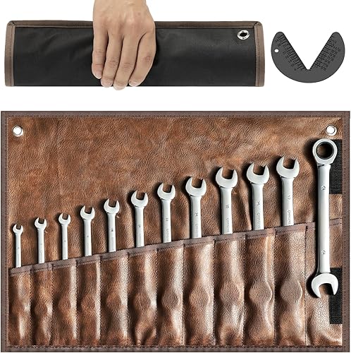 Bay Heights Juego de 12 llaves combinadas de trinquete métricas con bolsa organizadora de cuero sintético en la pared (cabeza fija)