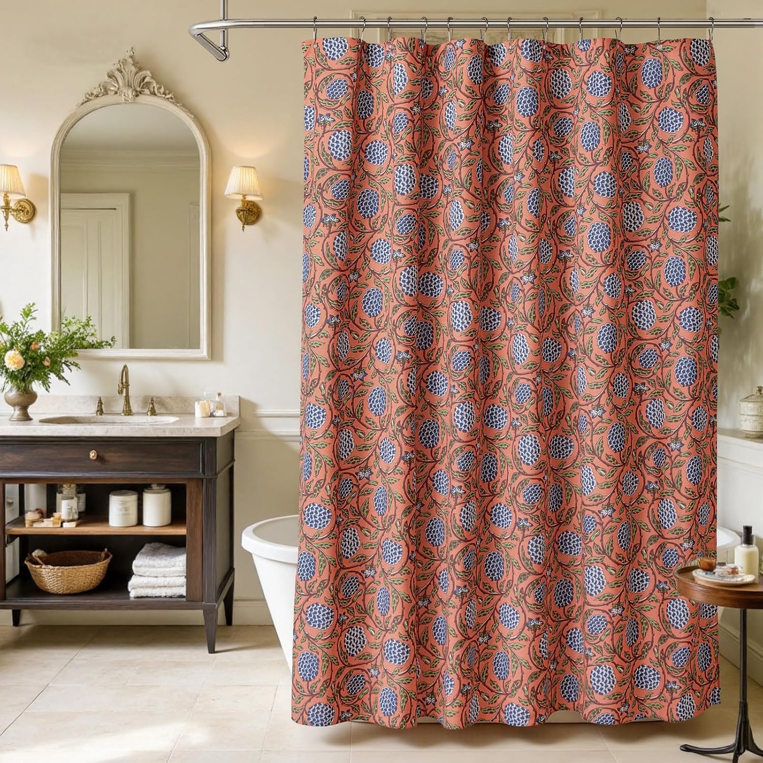 MUGINYU Boho Burnt Orange Floral Shower Curtain - 72x72 Inches,Cotton Blend Cloth Fabric, Botanical Coral Block Print Pattern for Rustic Farmhouse Frenchy Bathroom