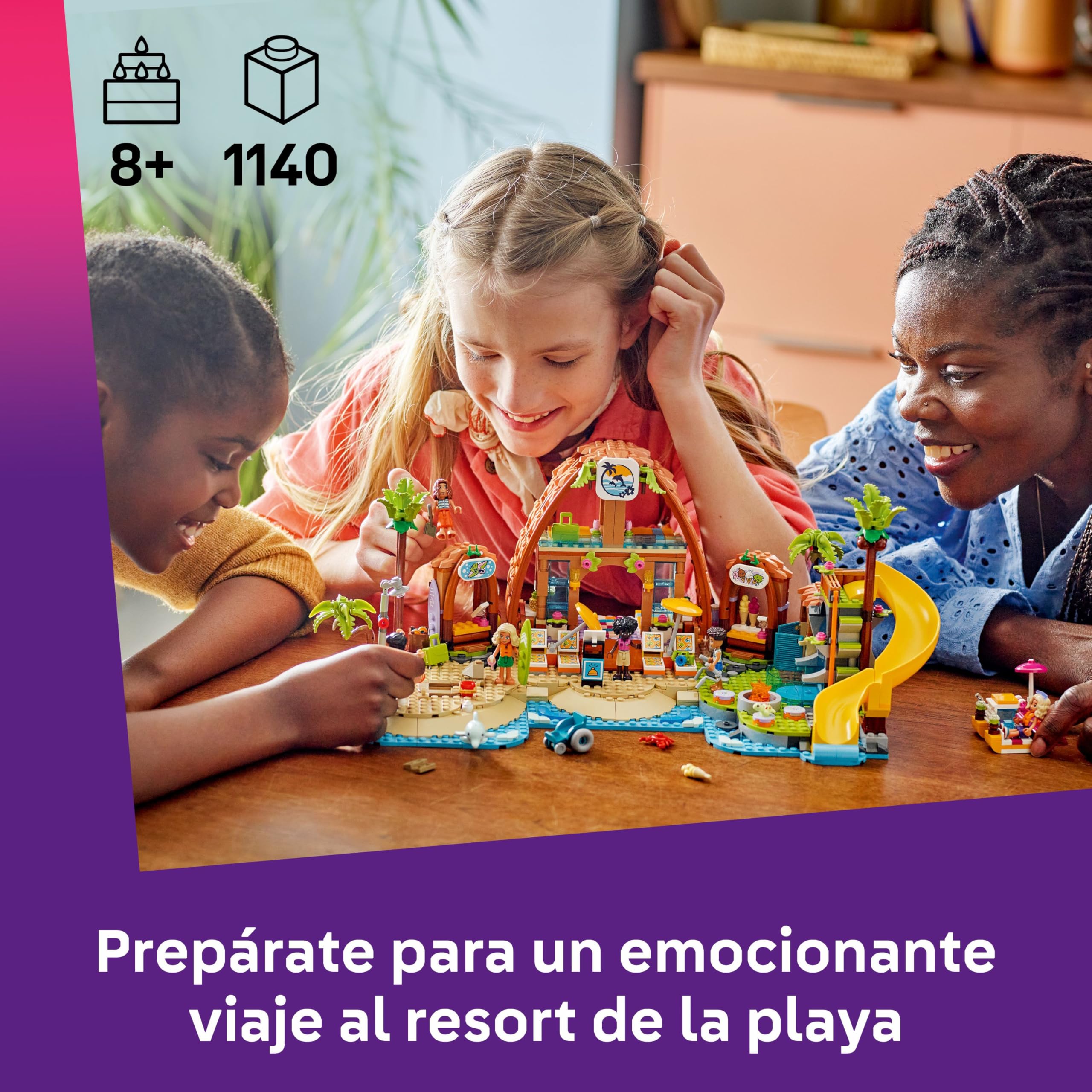 LEGO Friends Hotel de Vacaciones Familiares en la Playa - Juguete con 6 Mini Muñecas, Figuras de Animales (Tortuga y Delfín), Heladería y Accesorios - Regalo para Niñas de 8+ Años 42673