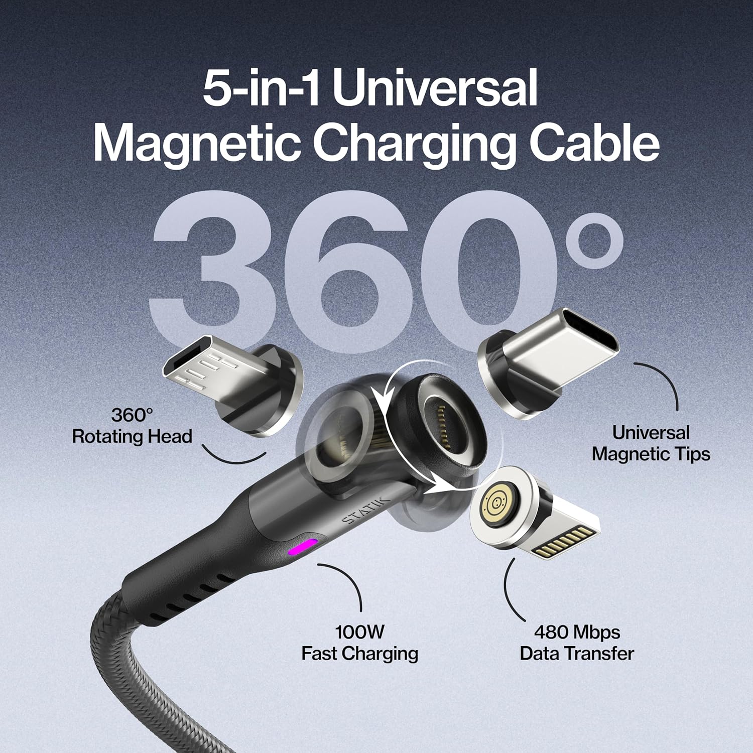 Statik 360 Pro Magnetic Charging Cable - Type C Charger Fast Charging 3 in 1 USB C to USB C Cable, Micro USB & iProduct Tips, USB A Adapter, Fits All Devices - 100W Fast Charger, Black 6FT/2M