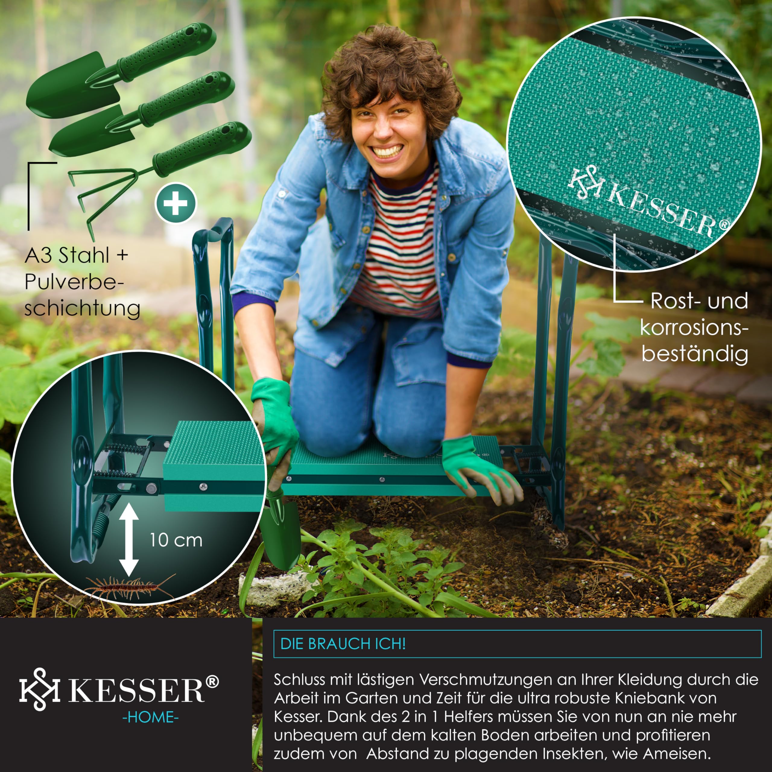 KESSER® Inginocchiatore 2 in 1 XXL per il giardinaggio Cuscino imbottito Cuscino in schiuma eva Sgabello da giardino Pieghevole Incl. 2 borse per attrezzi Panca da giardino Regolabile in altezza
