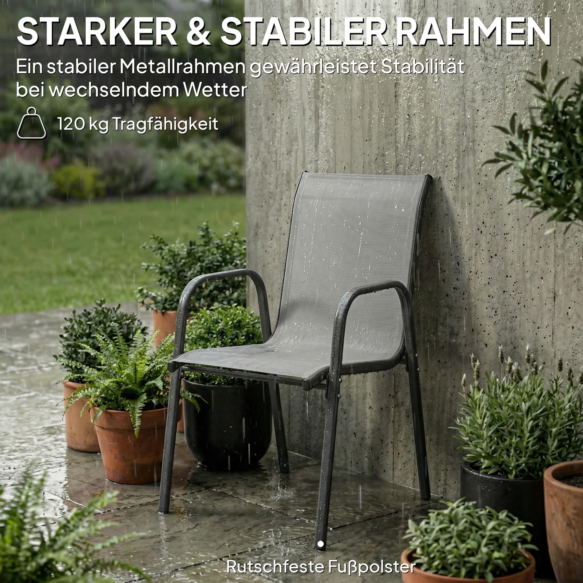 Outsunny Gartenstühle 4er Set Stapelbare Terrassenstühle mit Atmungsaktive Rücken, Armlehnen, wetterfest Balkonstühle 120 kg Belastbar Stapelstühle für Garten Balkon Terrasse 51 x 69 x 87 cm Hellgrau