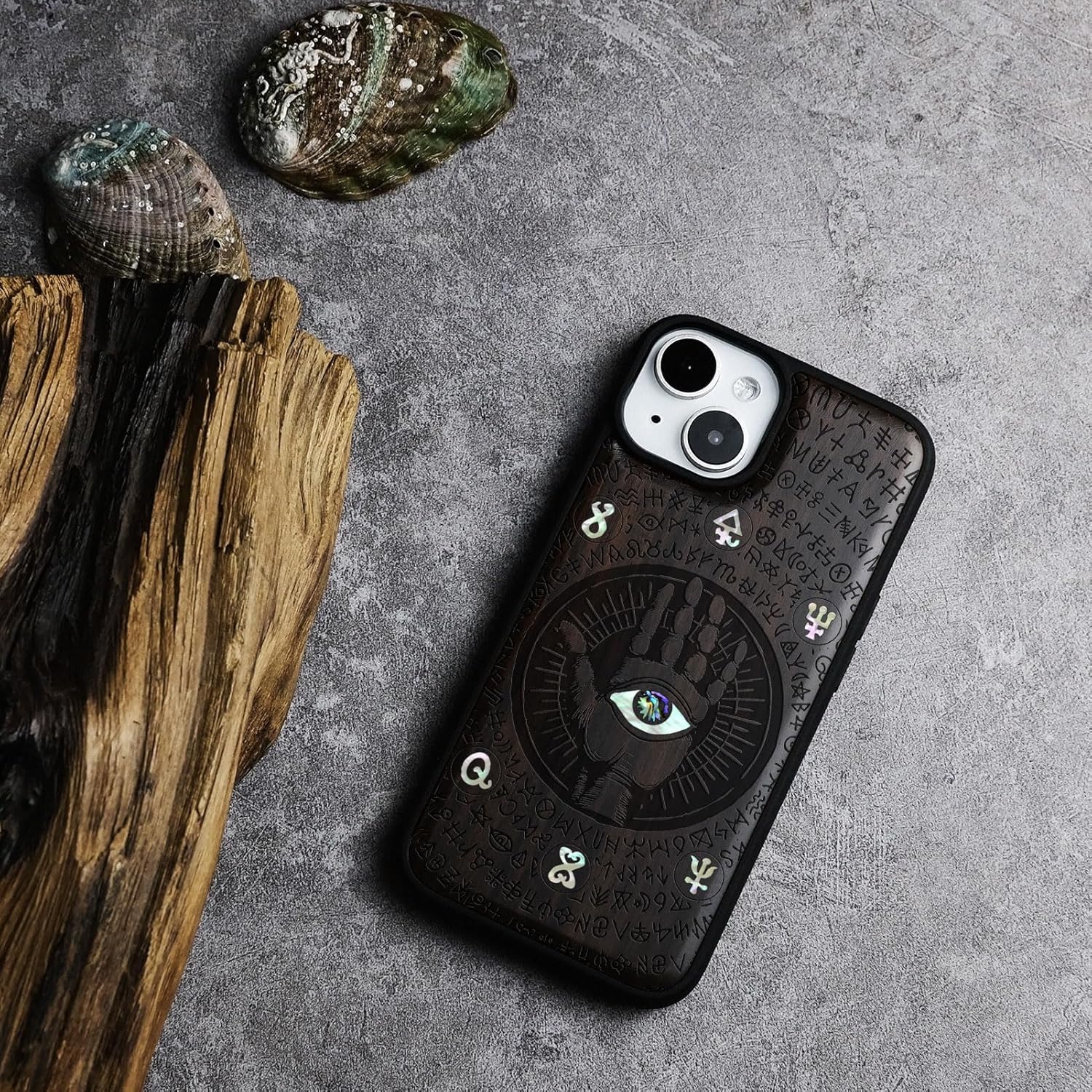 Carveit Wooden Case for iPhone 15 Magnetic Case, Compatible with MagSafe Wireless Chargers, Shockproof Cover, Handmade Shell Inlaid & Wood Artisan Engraved (All-Seeing Hand) Blackwood