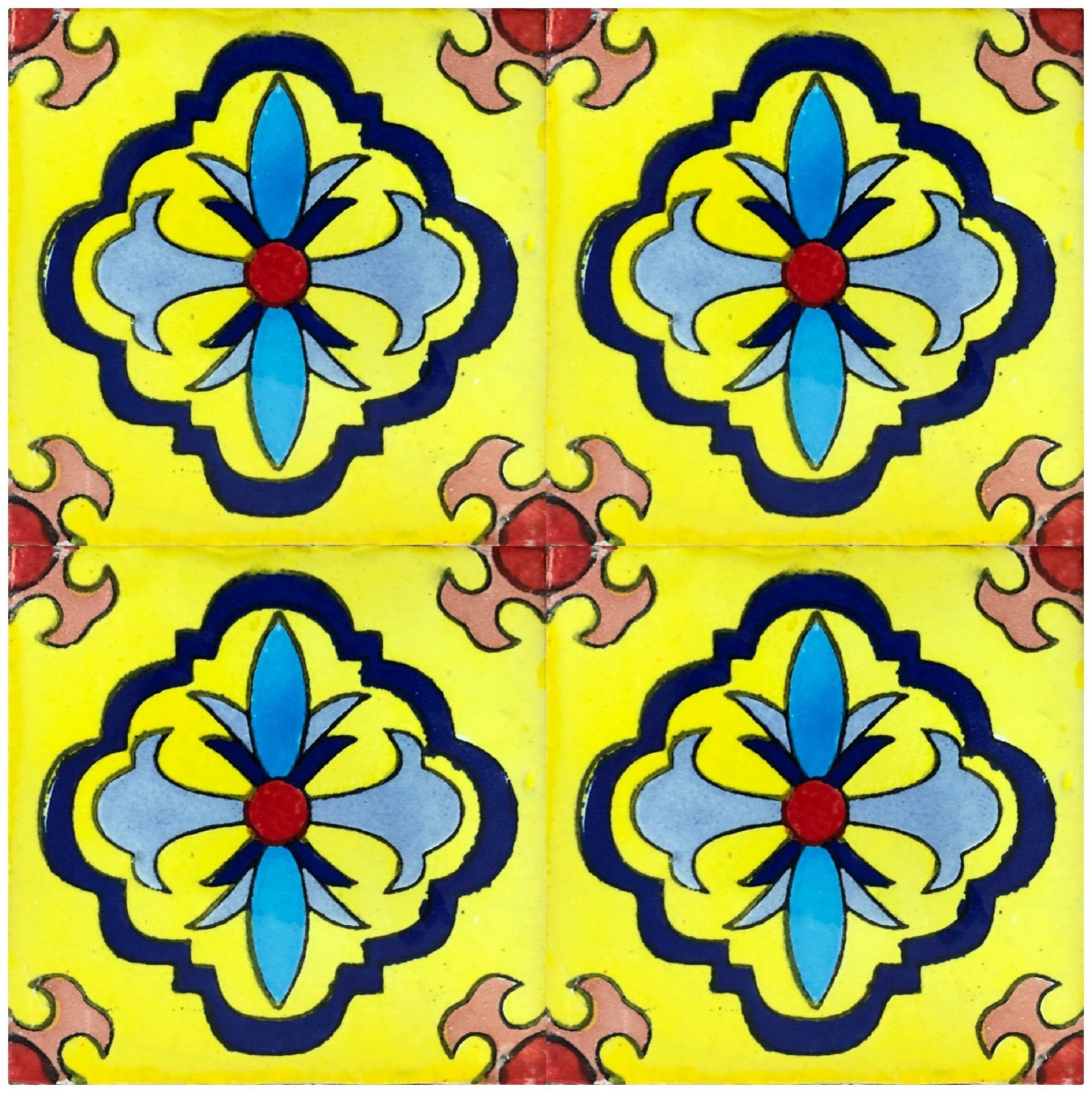 Rustico Tile and Stone TR4GUADALAJARA Guadalajara Painted Tile, 4" x 4", Yellow, Navy Blue, Light Blue, Terra Cotta, Light Brown