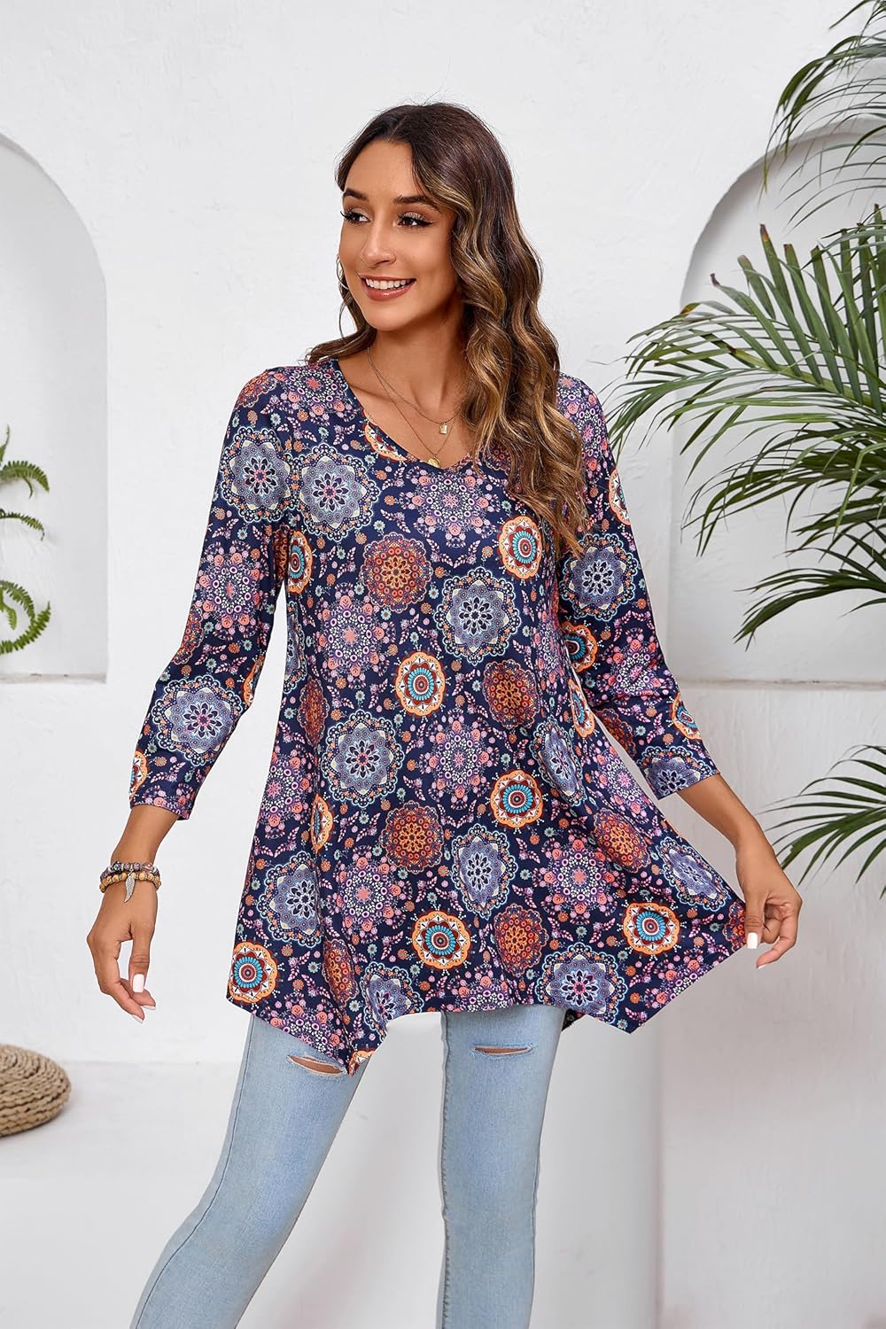 ENMAIN Tunic Tops for Women 3/4 Sleeve Plus Size Women's Tunics Loose Fit Floral Swing Flare Ladies Blouse for Leggings - Image 2