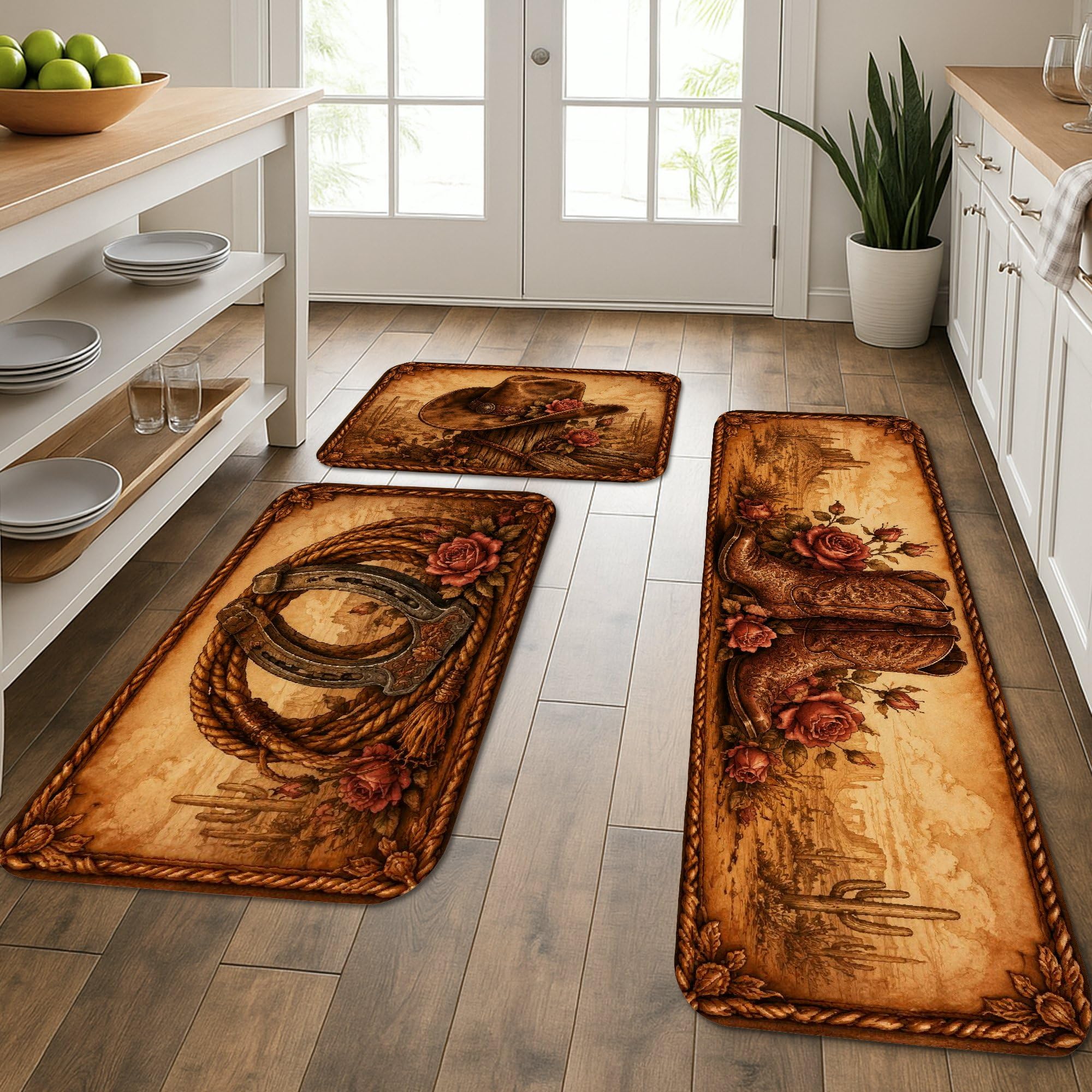 Tapis de cuisine lavable lot de 3 tapis de sol confortables style rustique et vintage