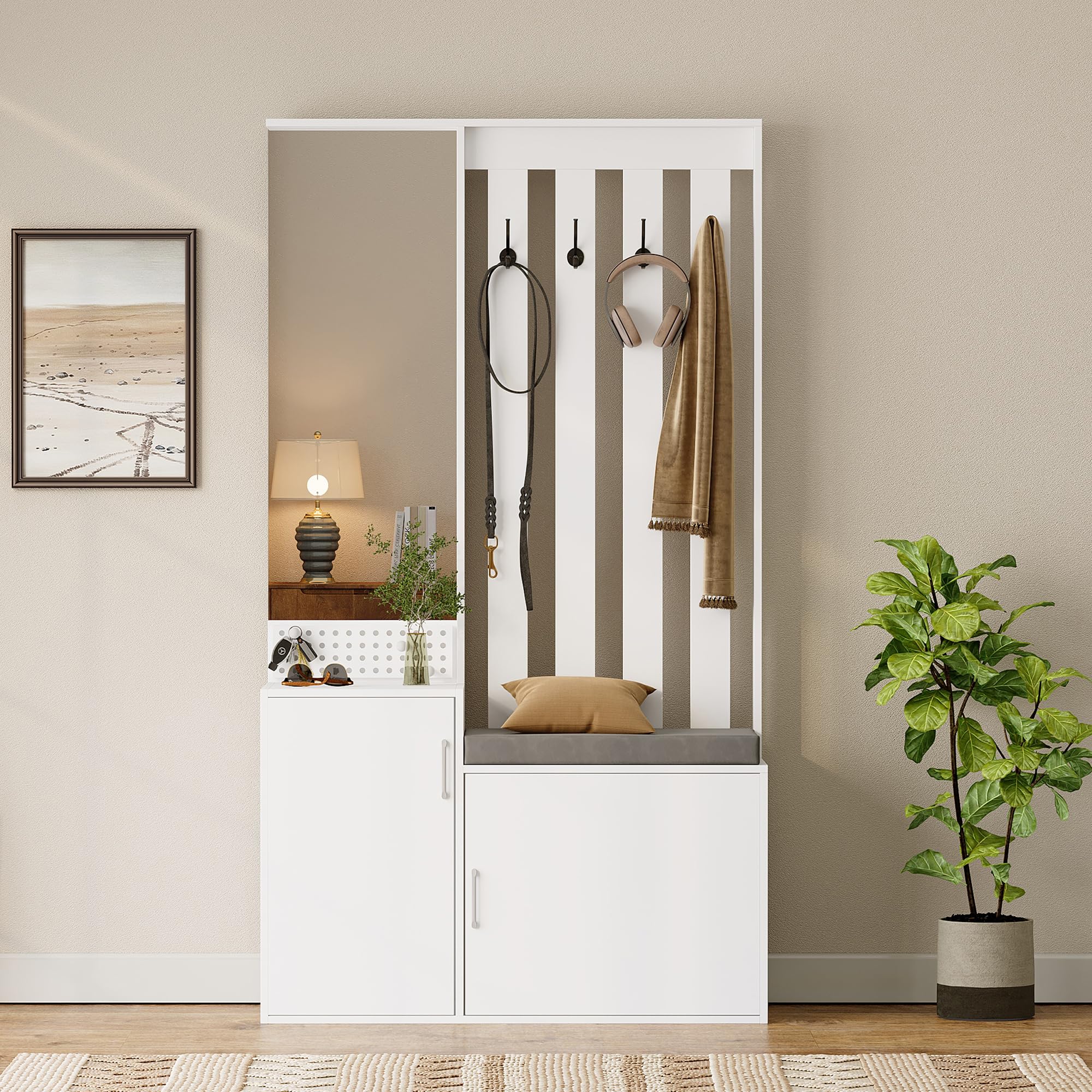 MSHGSKU Multifunctional Storage Bench with Full Length Mirror Comfortable Seating & Shoe Rack Modern Hall Tree for Entryway Closet Mudroom Stylish Shoe Bench